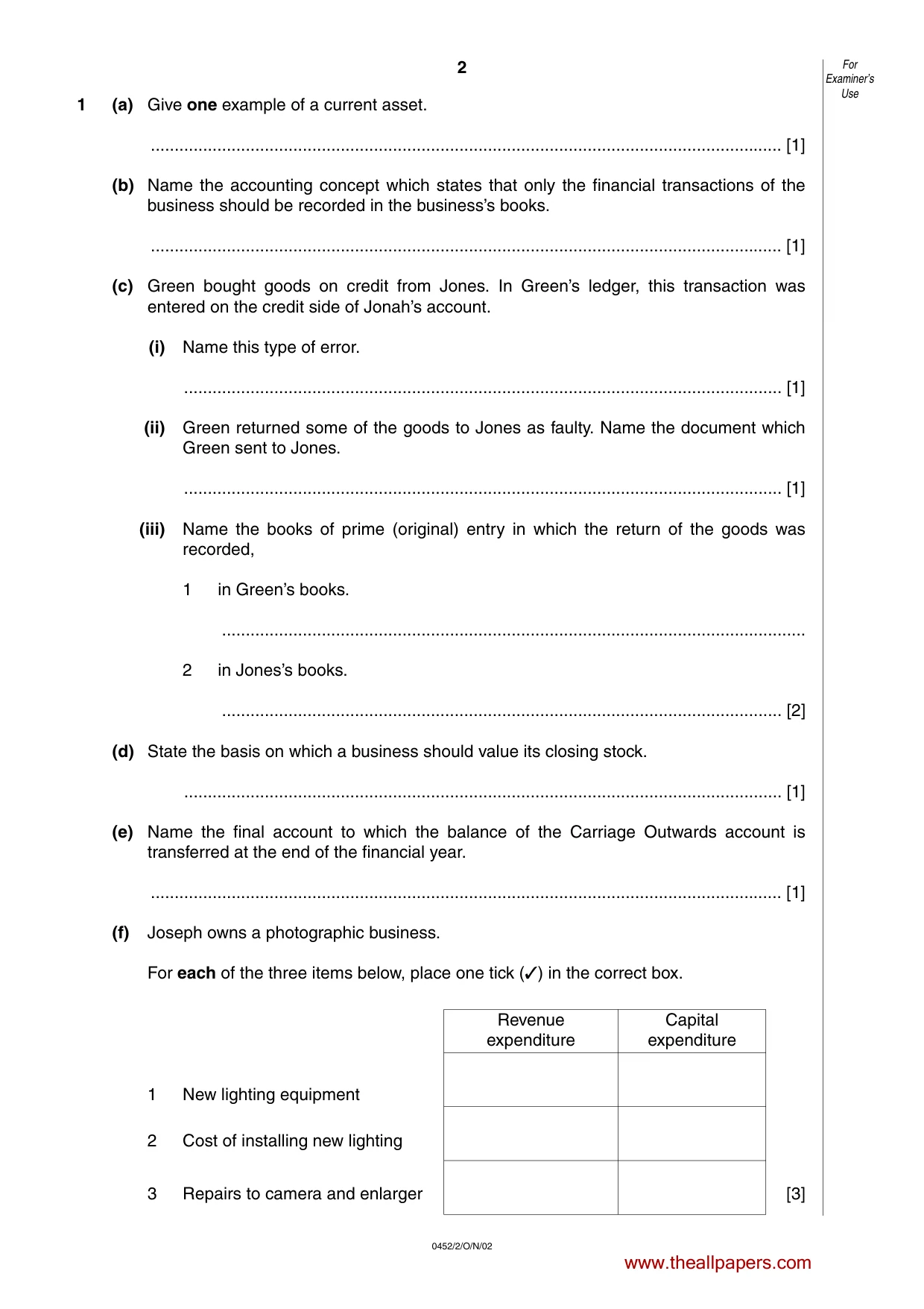 Cambridge IGCSE Accounting 0452 2002 Oct/Nov Paper 2 · Variant 1 question paper, page 2 of 12