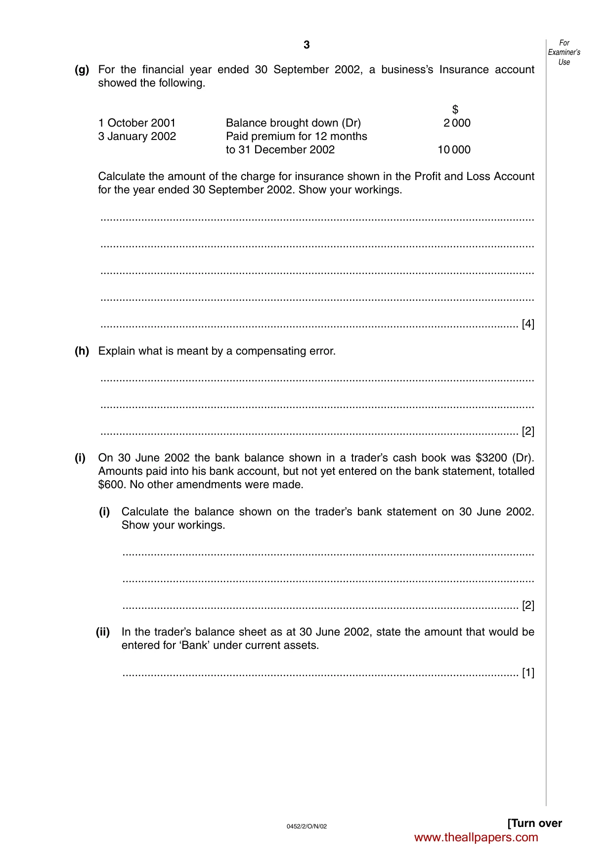 Cambridge IGCSE Accounting 0452 2002 Oct/Nov Paper 2 · Variant 1 question paper, page 3 of 12
