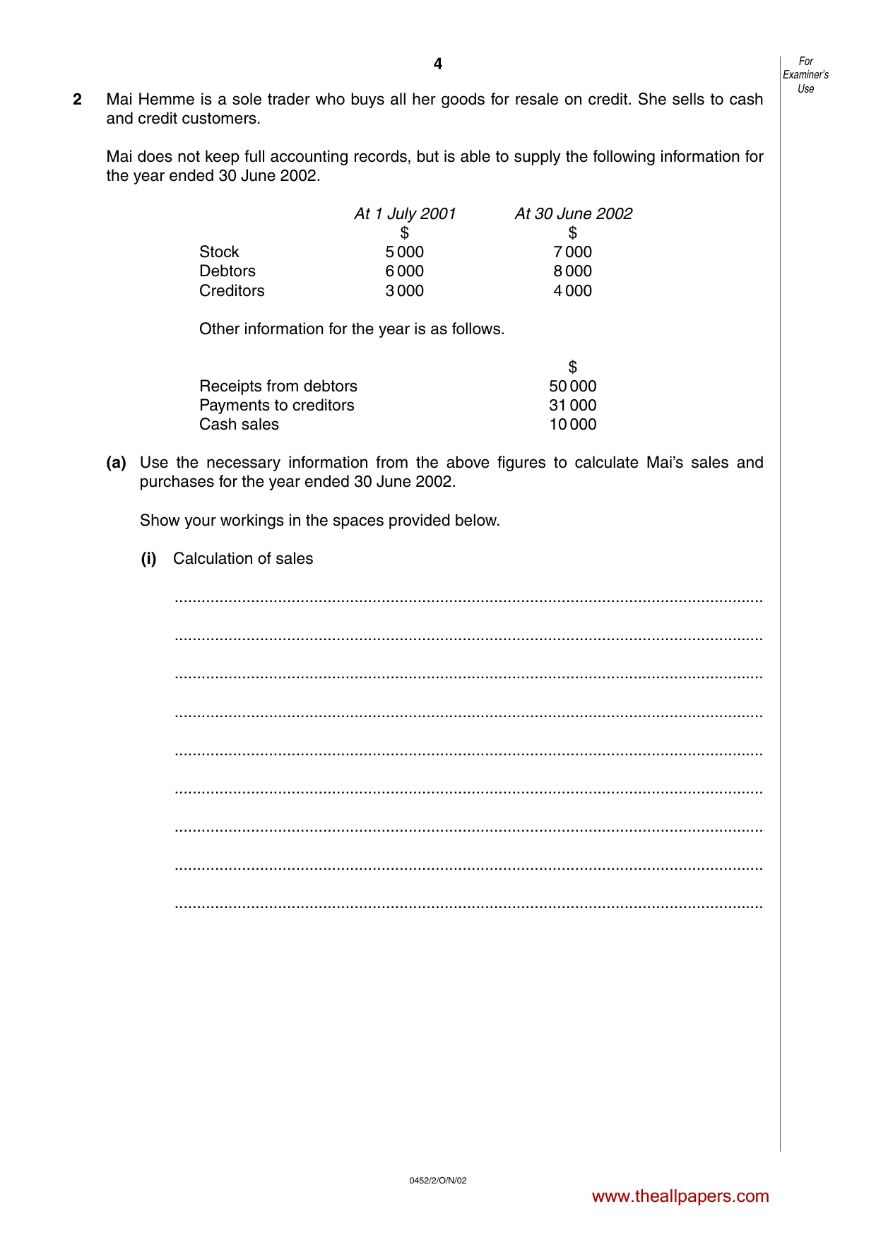 Cambridge IGCSE Accounting 0452 2002 Oct/Nov Paper 2 · Variant 1 question paper, page 4 of 12
