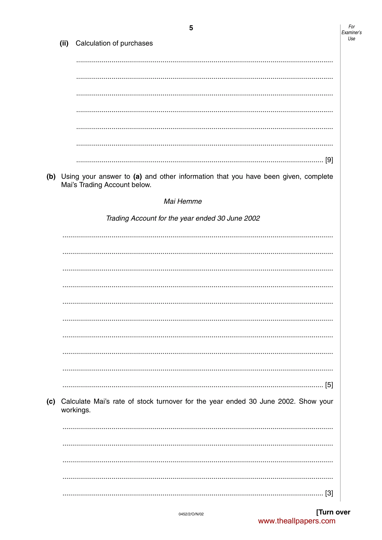Cambridge IGCSE Accounting 0452 2002 Oct/Nov Paper 2 · Variant 1 question paper, page 5 of 12