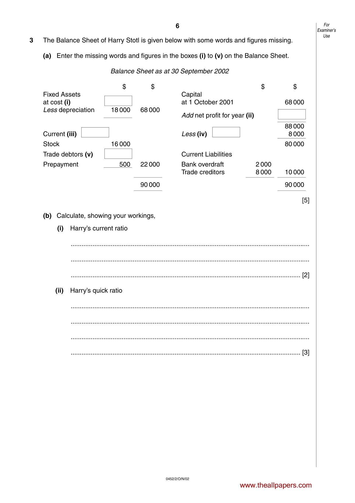 Cambridge IGCSE Accounting 0452 2002 Oct/Nov Paper 2 · Variant 1 question paper, page 6 of 12