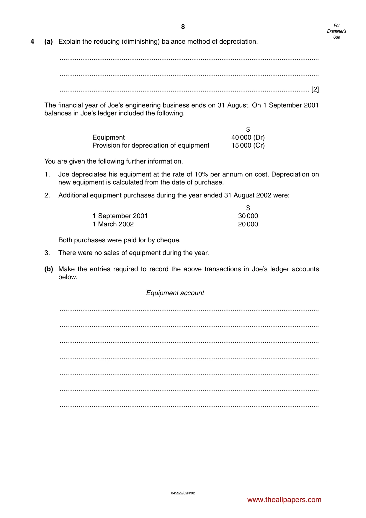 Cambridge IGCSE Accounting 0452 2002 Oct/Nov Paper 2 · Variant 1 question paper, page 8 of 12