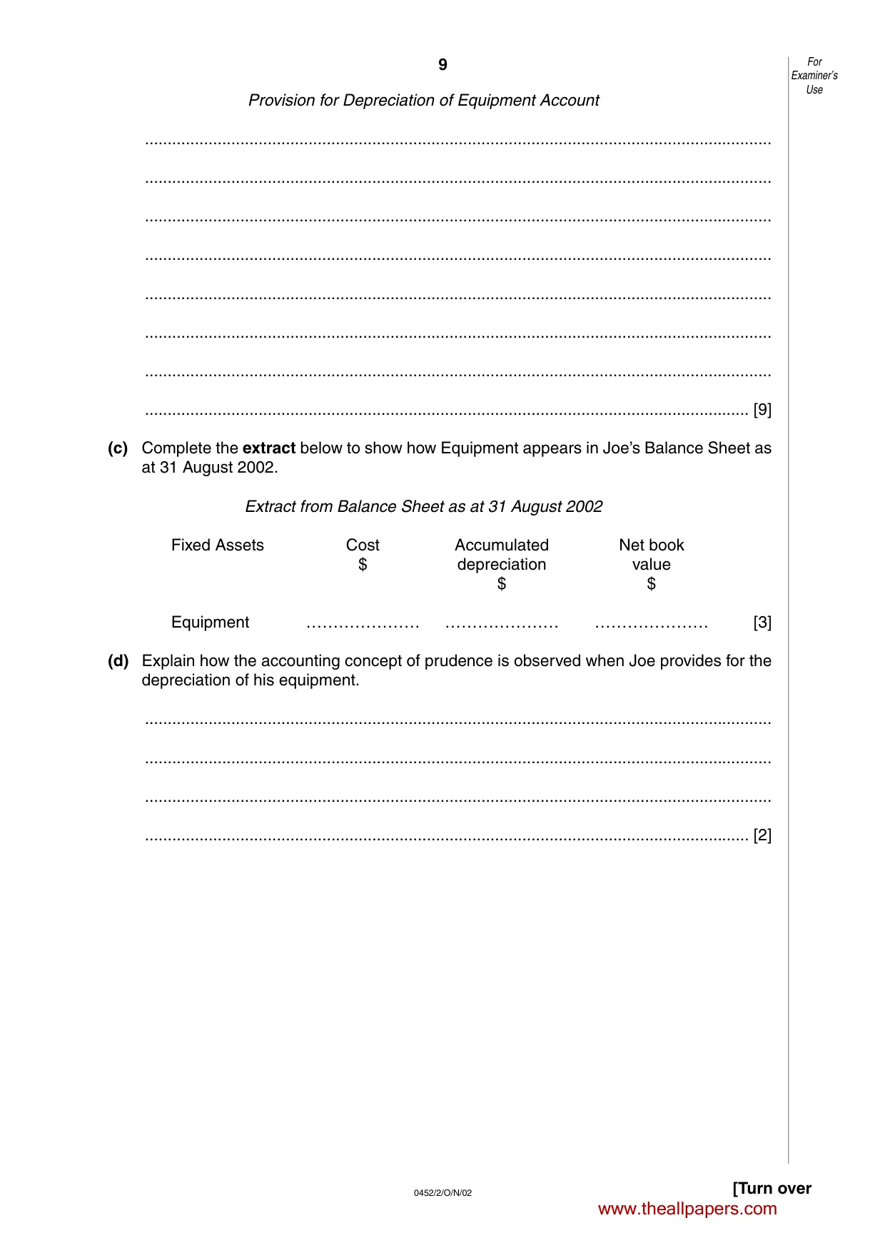 Cambridge IGCSE Accounting 0452 2002 Oct/Nov Paper 2 · Variant 1 question paper, page 9 of 12
