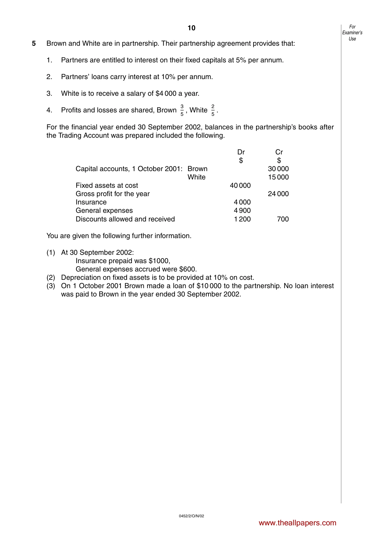 Cambridge IGCSE Accounting 0452 2002 Oct/Nov Paper 2 · Variant 1 question paper, page 10 of 12
