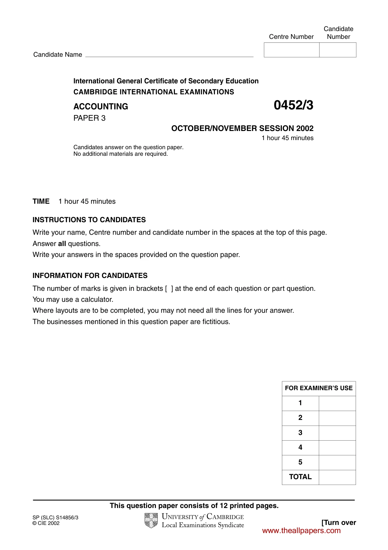 Cambridge IGCSE Accounting 0452 2002 Oct/Nov Paper 3 · Variant 1 question paper, page 1 of 12