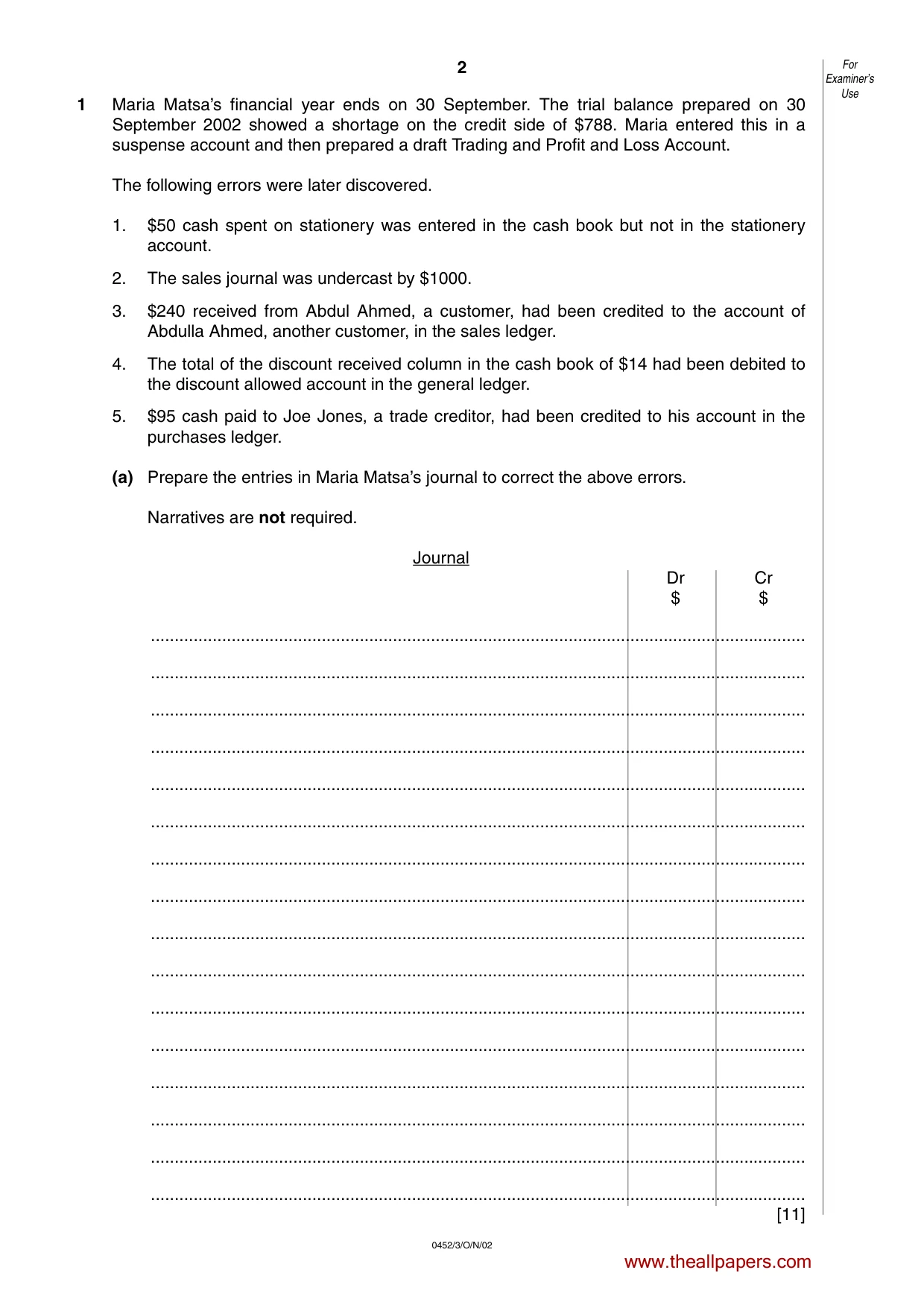 Cambridge IGCSE Accounting 0452 2002 Oct/Nov Paper 3 · Variant 1 question paper, page 2 of 12
