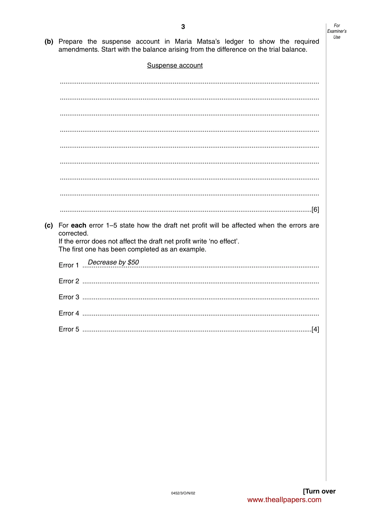 Cambridge IGCSE Accounting 0452 2002 Oct/Nov Paper 3 · Variant 1 question paper, page 3 of 12