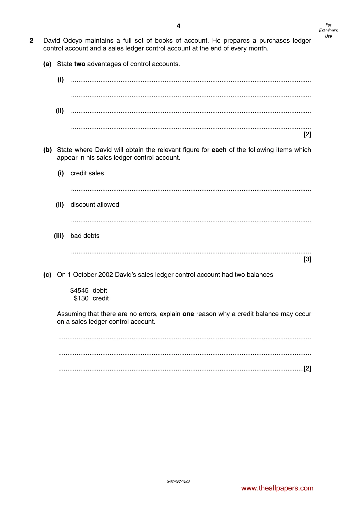 Cambridge IGCSE Accounting 0452 2002 Oct/Nov Paper 3 · Variant 1 question paper, page 4 of 12