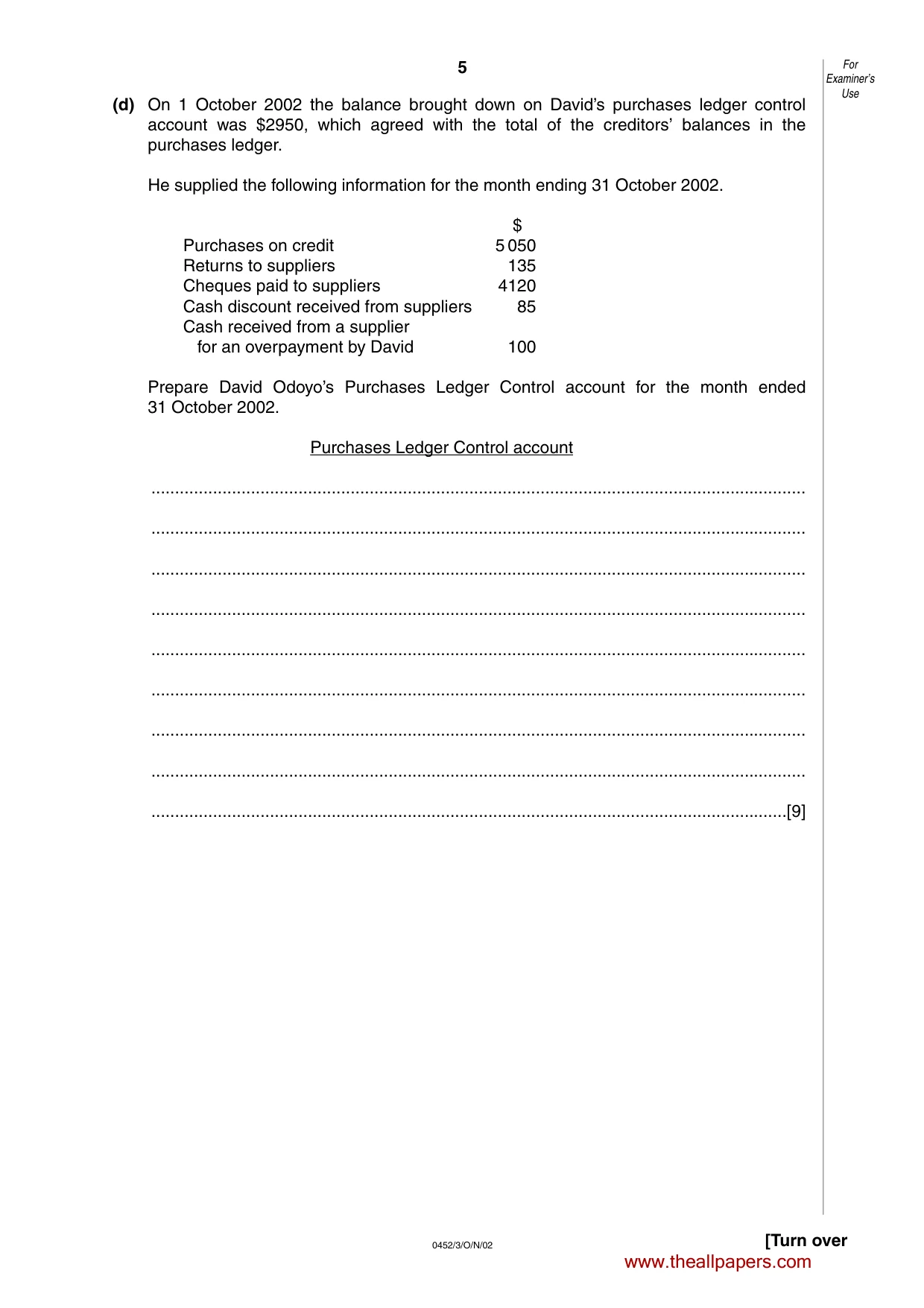 Cambridge IGCSE Accounting 0452 2002 Oct/Nov Paper 3 · Variant 1 question paper, page 5 of 12