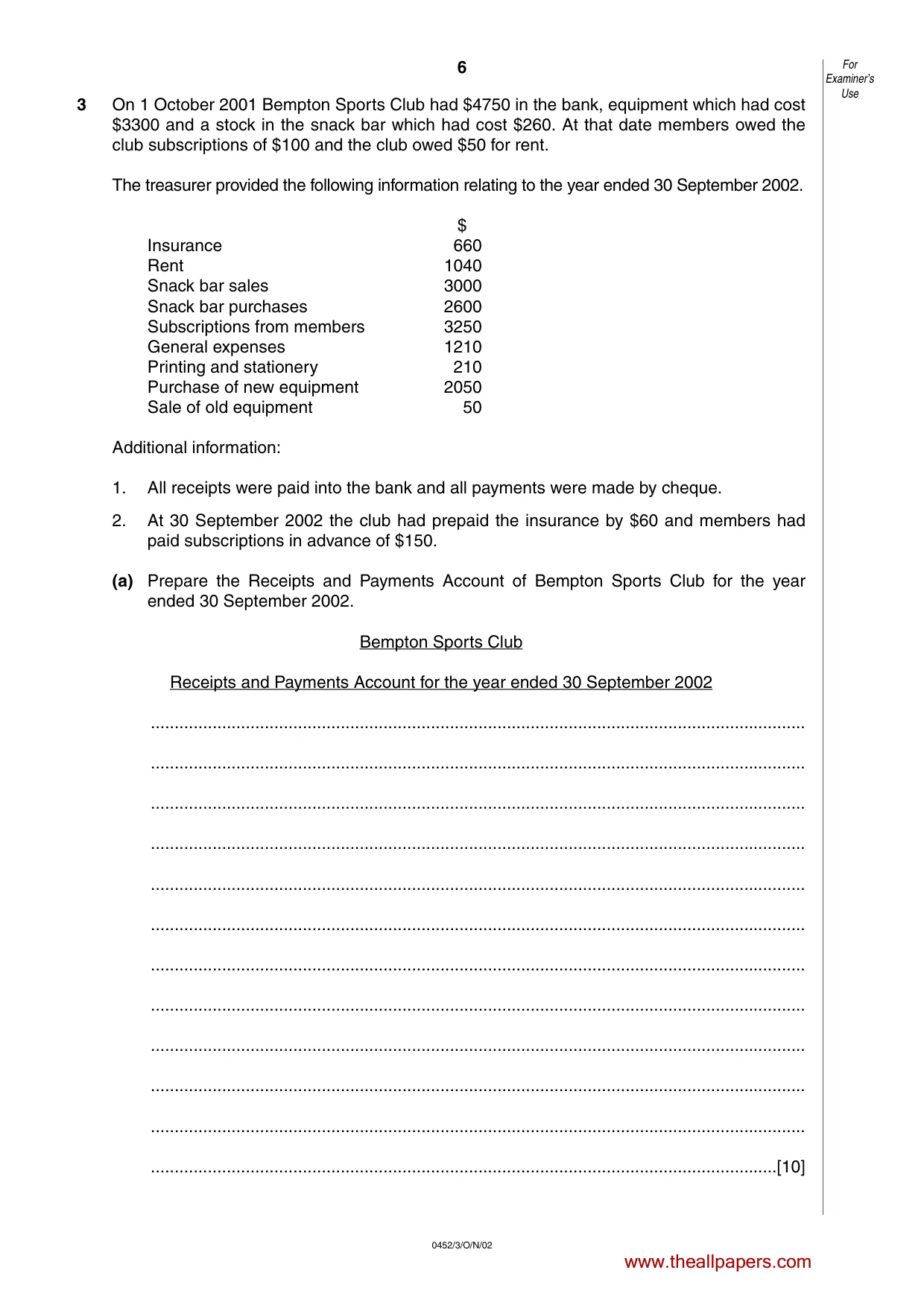 Cambridge IGCSE Accounting 0452 2002 Oct/Nov Paper 3 · Variant 1 question paper, page 6 of 12