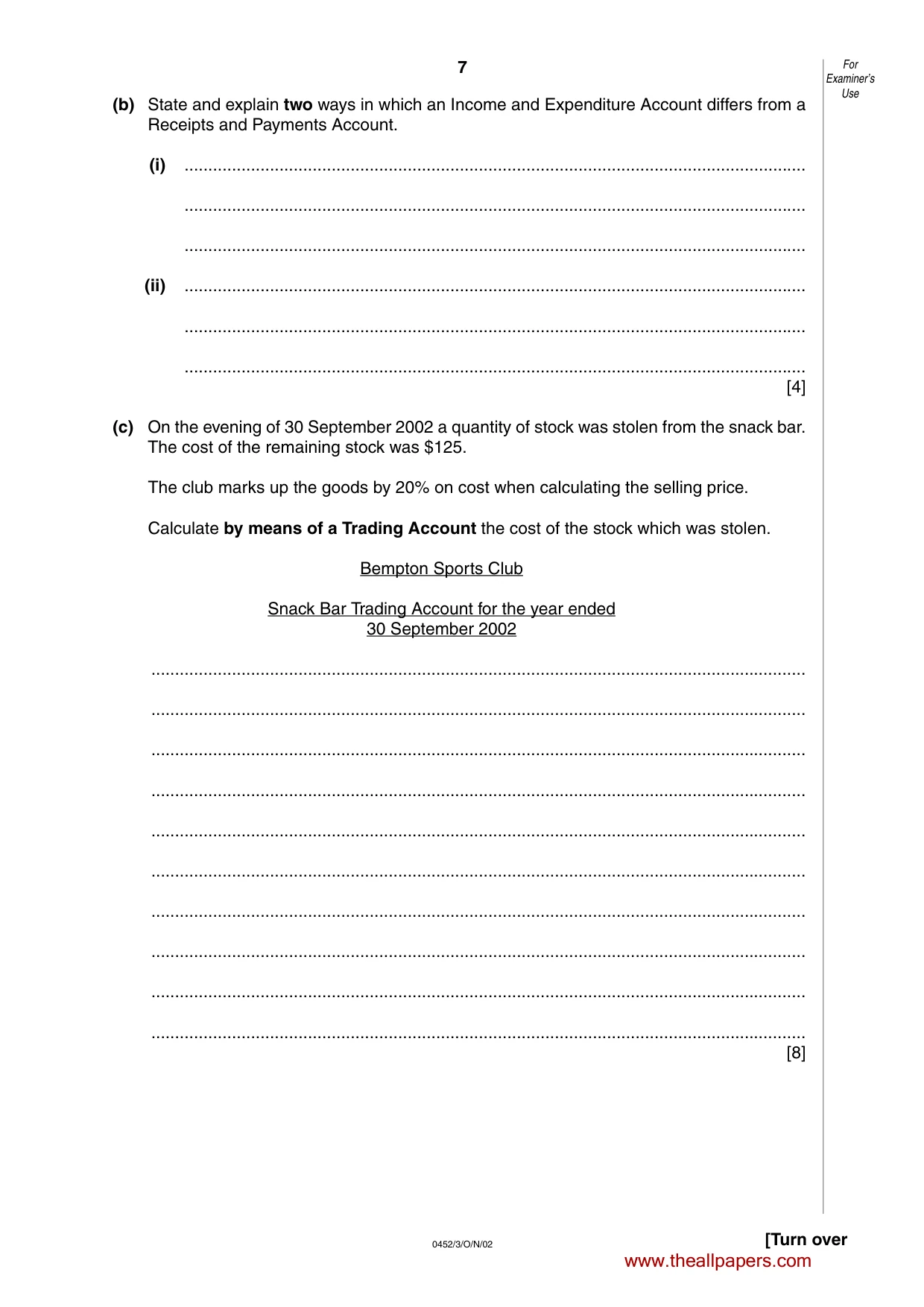 Cambridge IGCSE Accounting 0452 2002 Oct/Nov Paper 3 · Variant 1 question paper, page 7 of 12