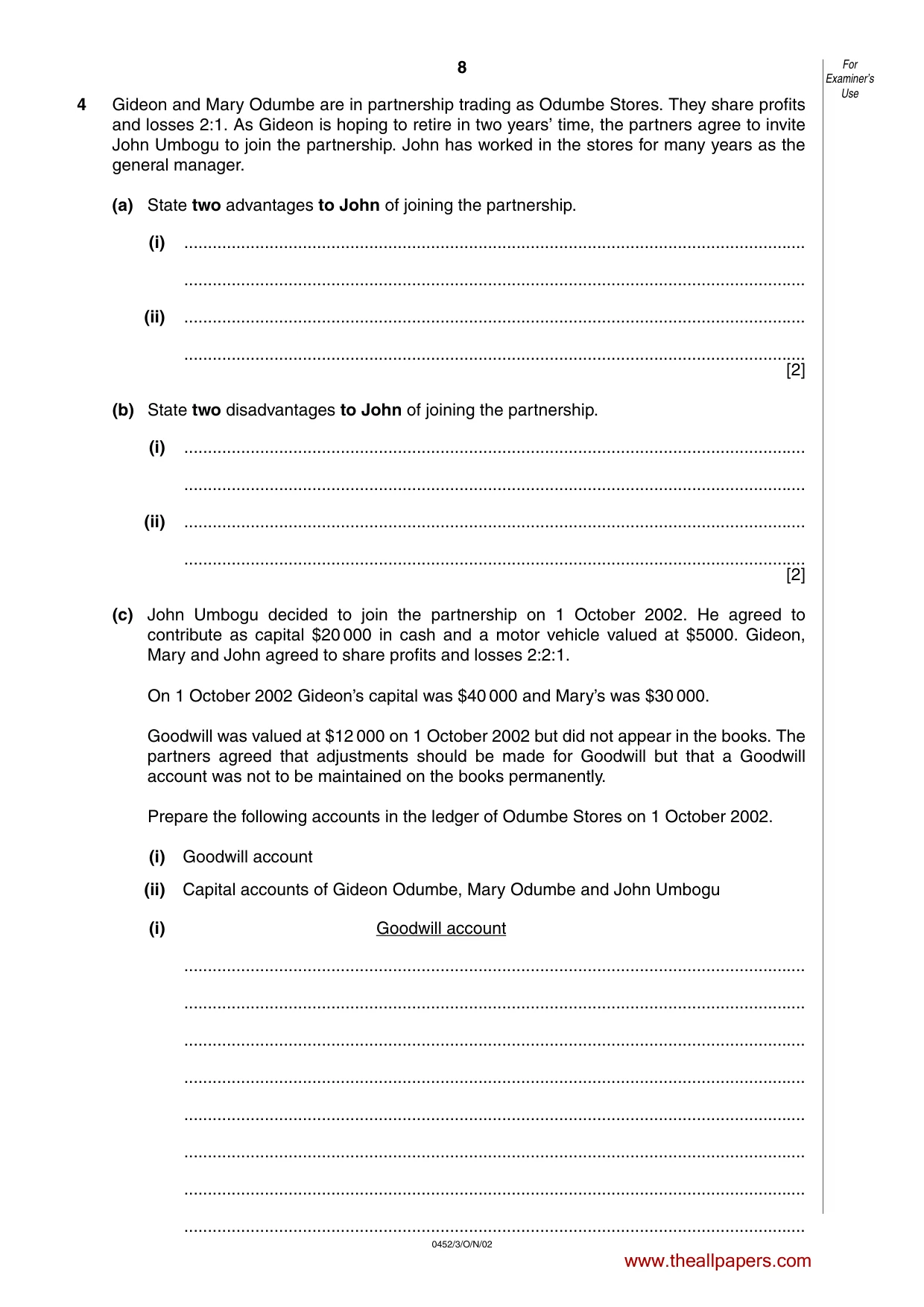 Cambridge IGCSE Accounting 0452 2002 Oct/Nov Paper 3 · Variant 1 question paper, page 8 of 12