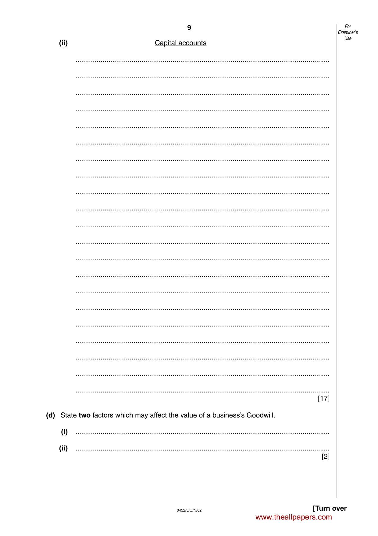 Cambridge IGCSE Accounting 0452 2002 Oct/Nov Paper 3 · Variant 1 question paper, page 9 of 12