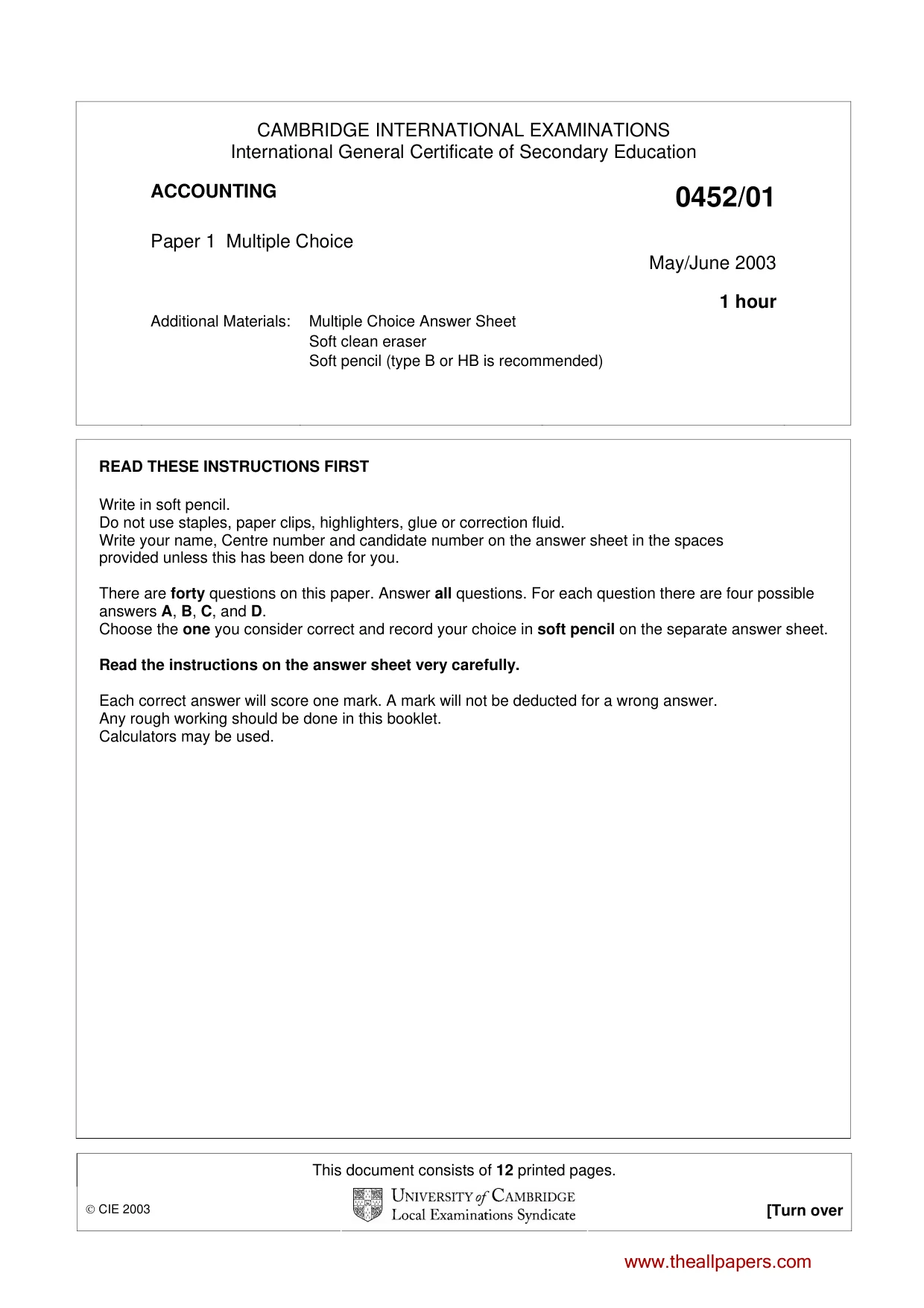 Cambridge IGCSE Accounting 0452 2003 May/June Paper 1 · Variant 1 question paper, page 1 of 12