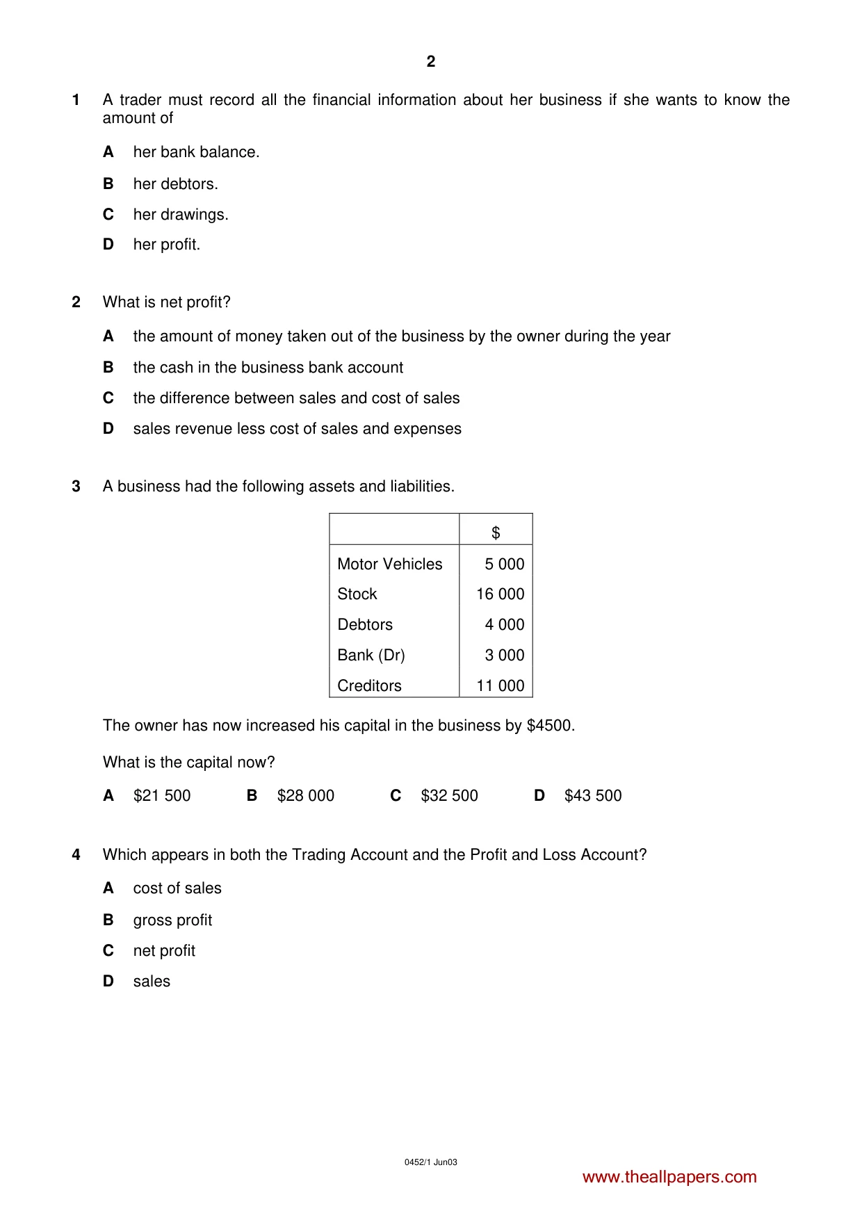 Cambridge IGCSE Accounting 0452 2003 May/June Paper 1 · Variant 1 question paper, page 2 of 12