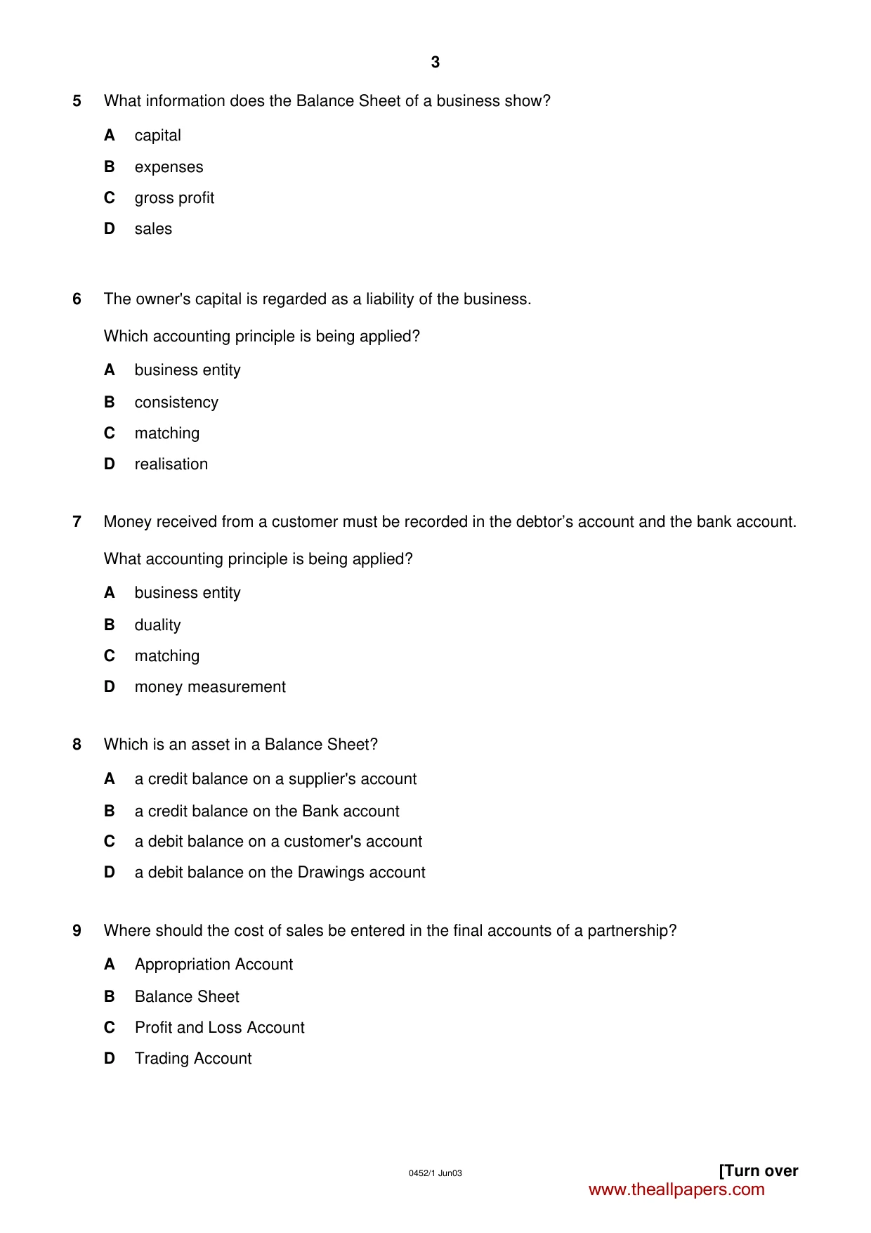 Cambridge IGCSE Accounting 0452 2003 May/June Paper 1 · Variant 1 question paper, page 3 of 12