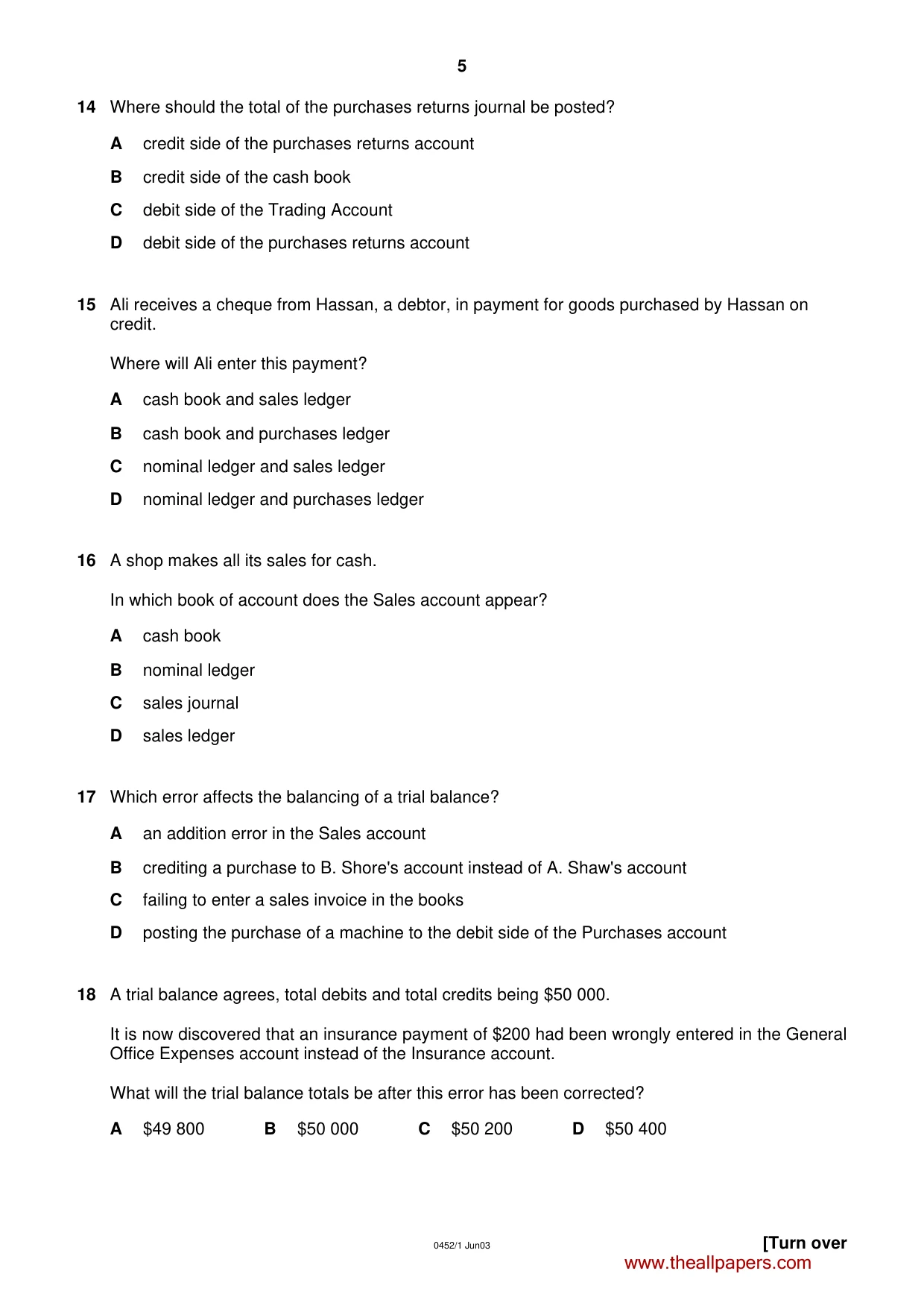 Cambridge IGCSE Accounting 0452 2003 May/June Paper 1 · Variant 1 question paper, page 5 of 12
