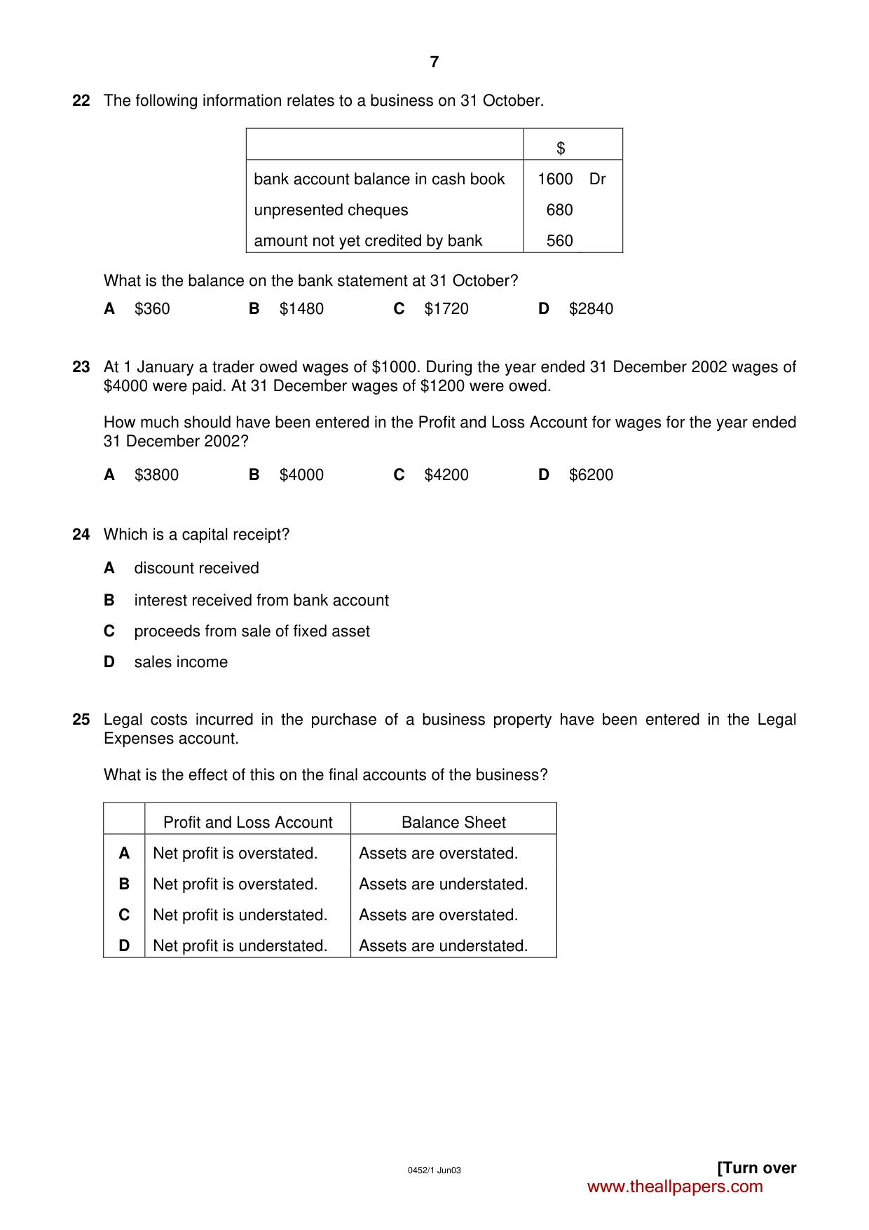Cambridge IGCSE Accounting 0452 2003 May/June Paper 1 · Variant 1 question paper, page 7 of 12