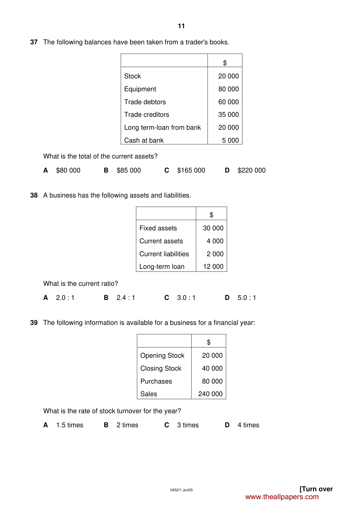 Cambridge IGCSE Accounting 0452 2003 May/June Paper 1 · Variant 1 question paper, page 11 of 12
