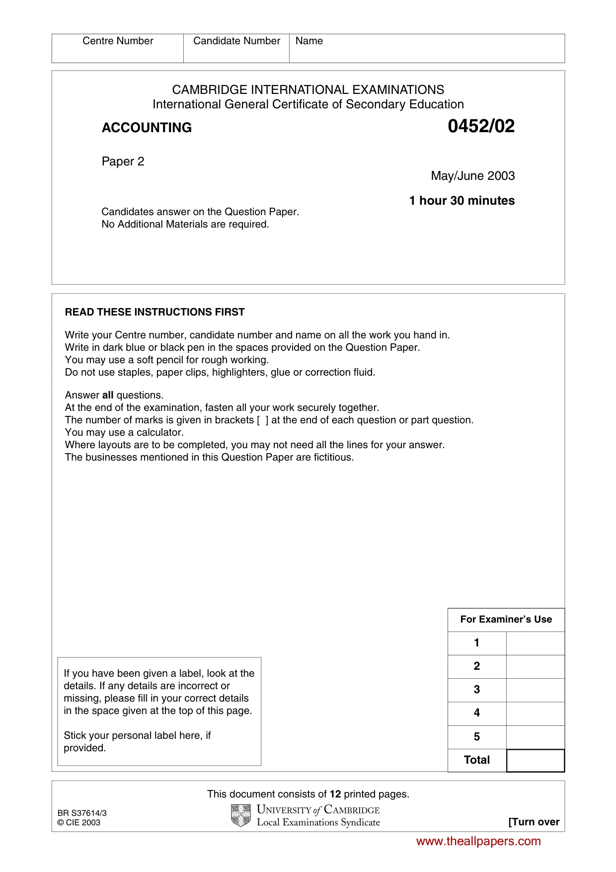 Cambridge IGCSE Accounting 0452 2003 May/June Paper 2 · Variant 1 question paper, page 1 of 12