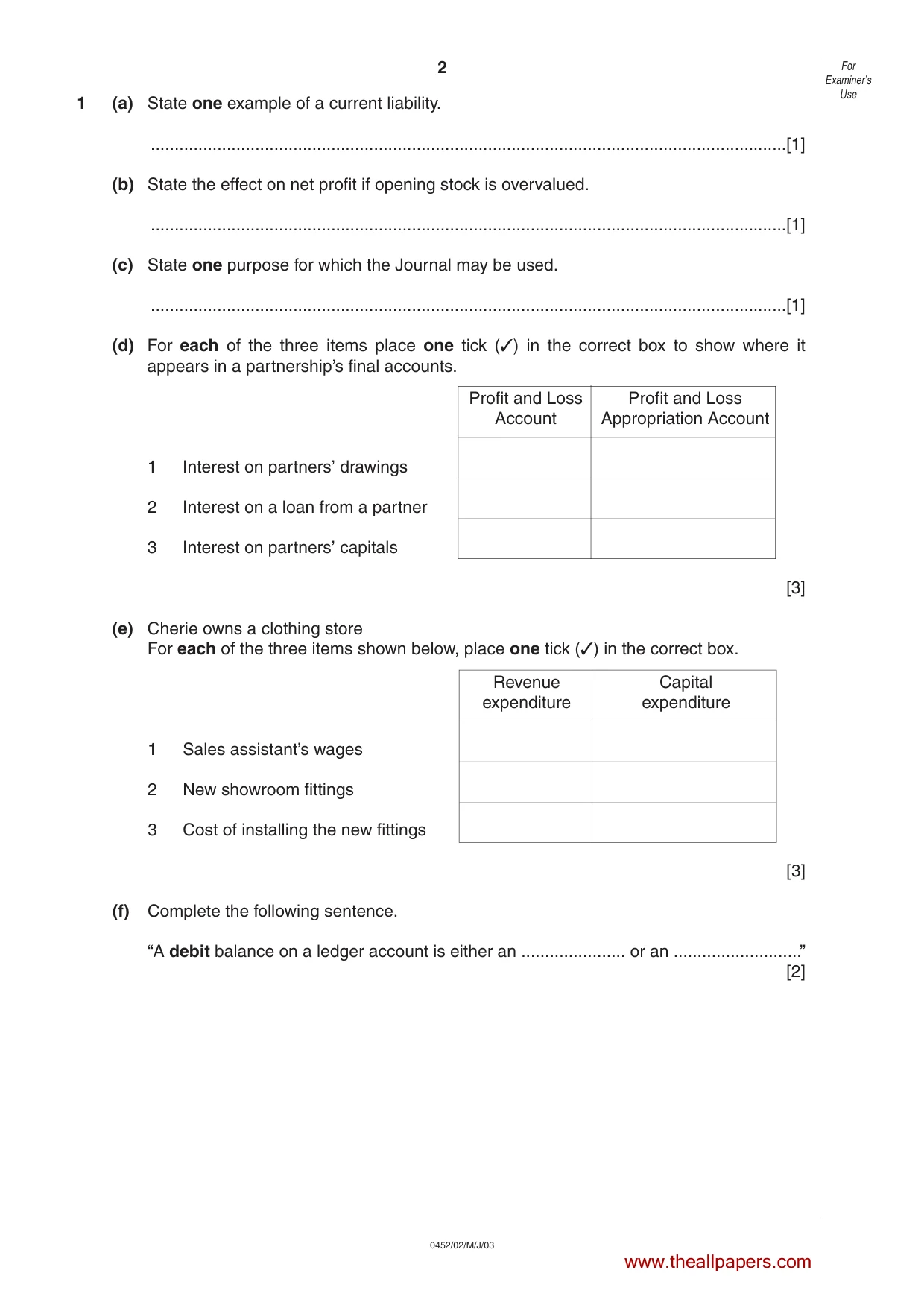 Cambridge IGCSE Accounting 0452 2003 May/June Paper 2 · Variant 1 question paper, page 2 of 12