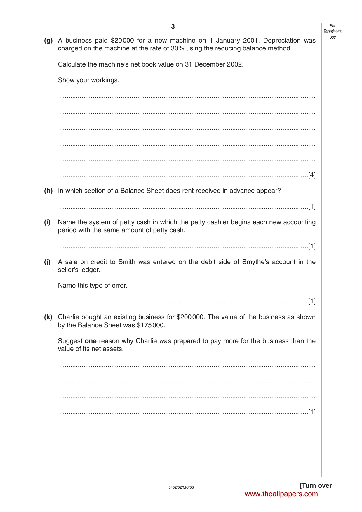 Cambridge IGCSE Accounting 0452 2003 May/June Paper 2 · Variant 1 question paper, page 3 of 12
