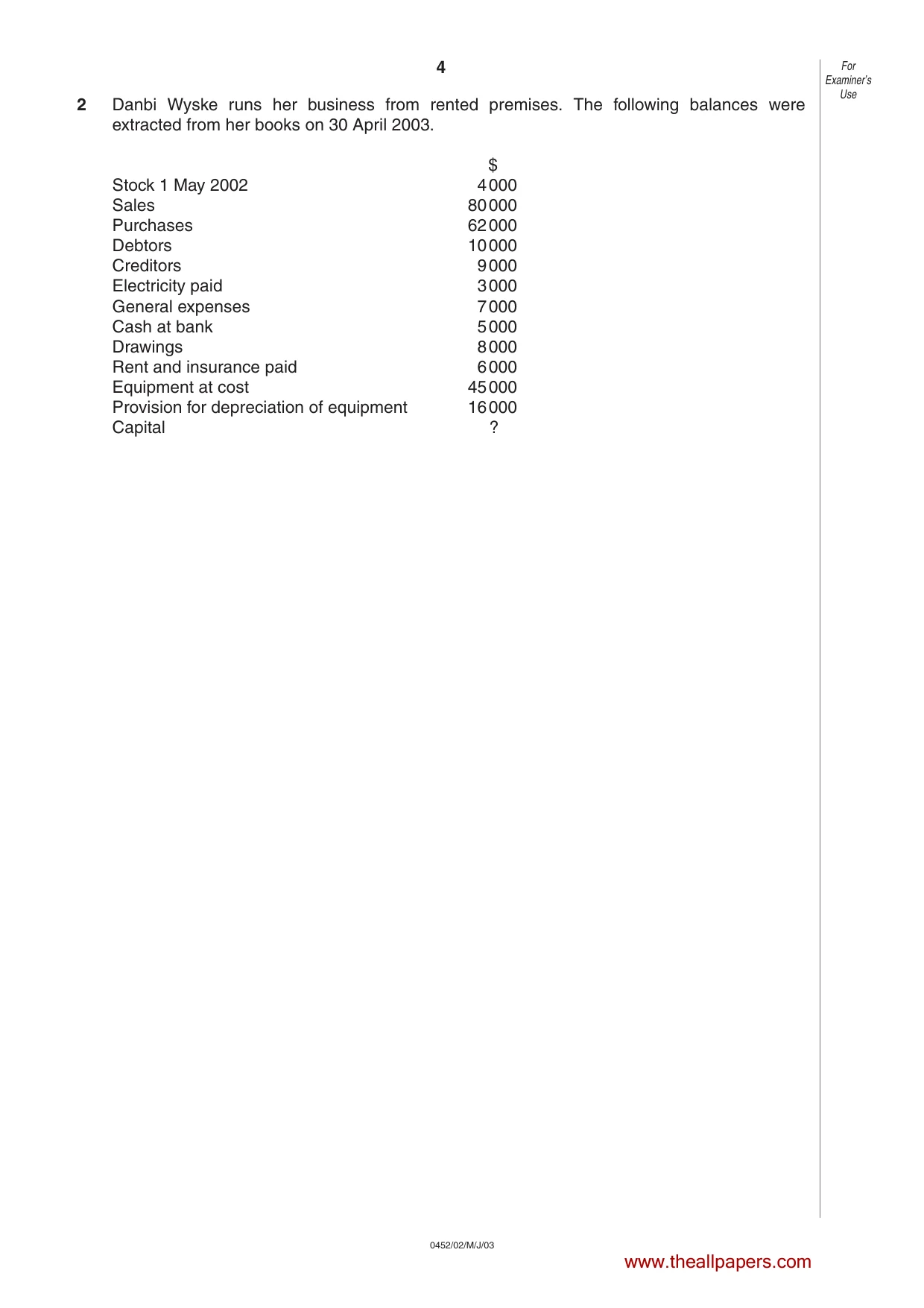 Cambridge IGCSE Accounting 0452 2003 May/June Paper 2 · Variant 1 question paper, page 4 of 12