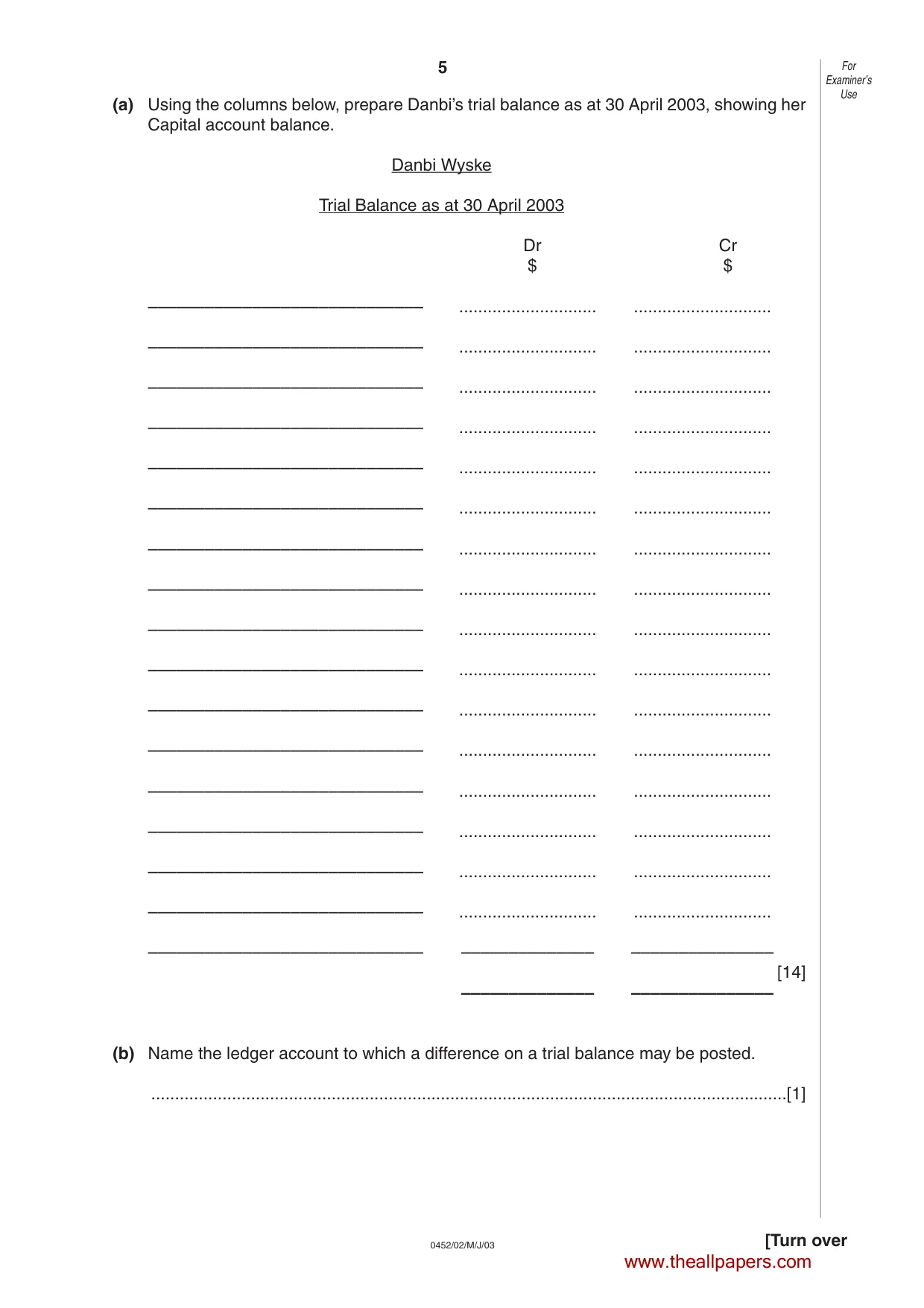 Cambridge IGCSE Accounting 0452 2003 May/June Paper 2 · Variant 1 question paper, page 5 of 12