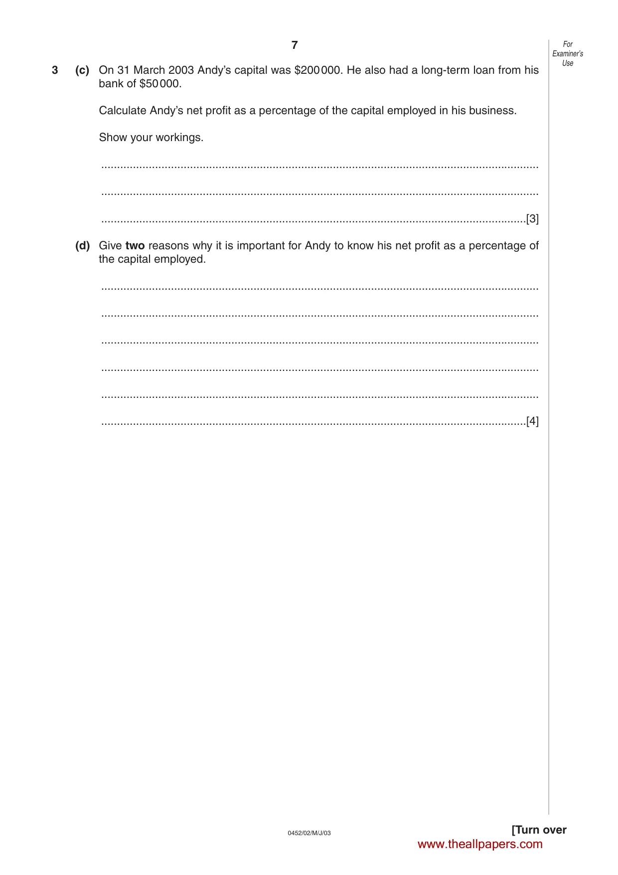 Cambridge IGCSE Accounting 0452 2003 May/June Paper 2 · Variant 1 question paper, page 7 of 12