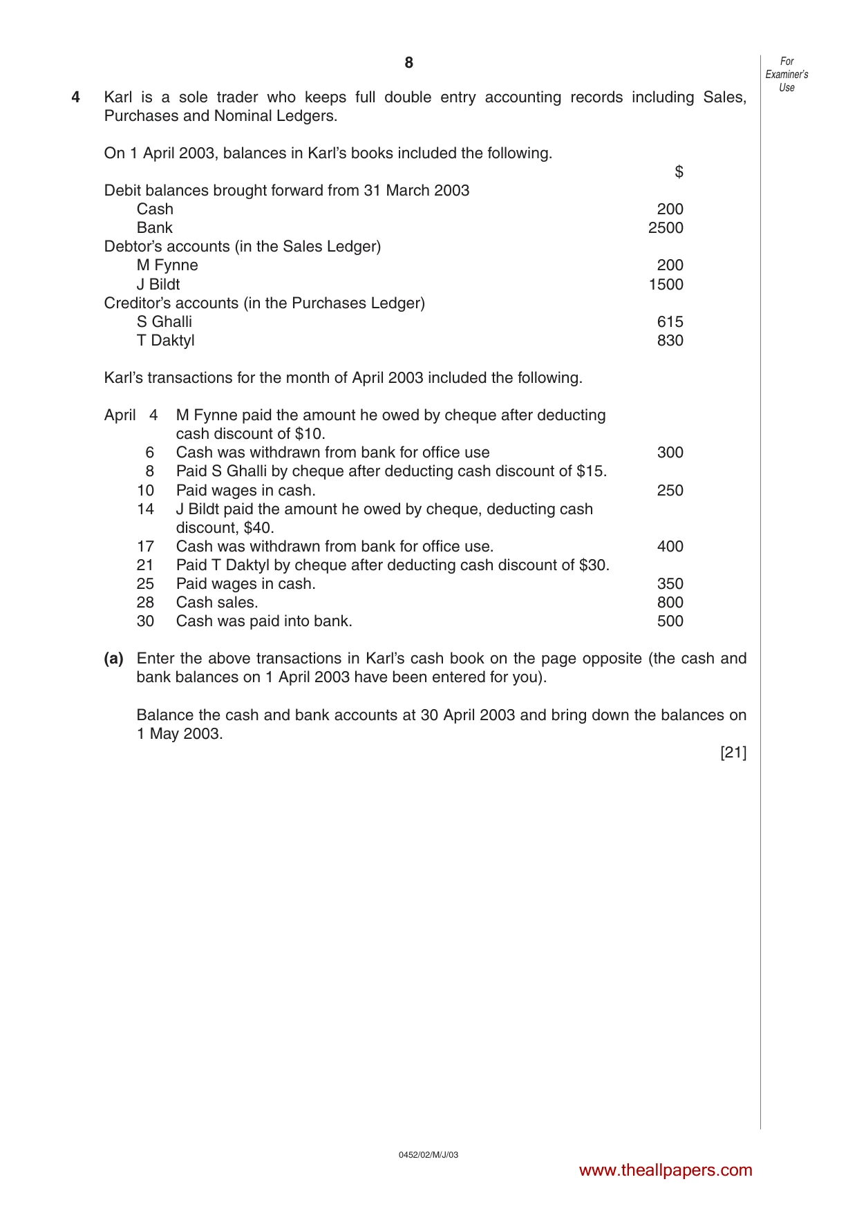 Cambridge IGCSE Accounting 0452 2003 May/June Paper 2 · Variant 1 question paper, page 8 of 12