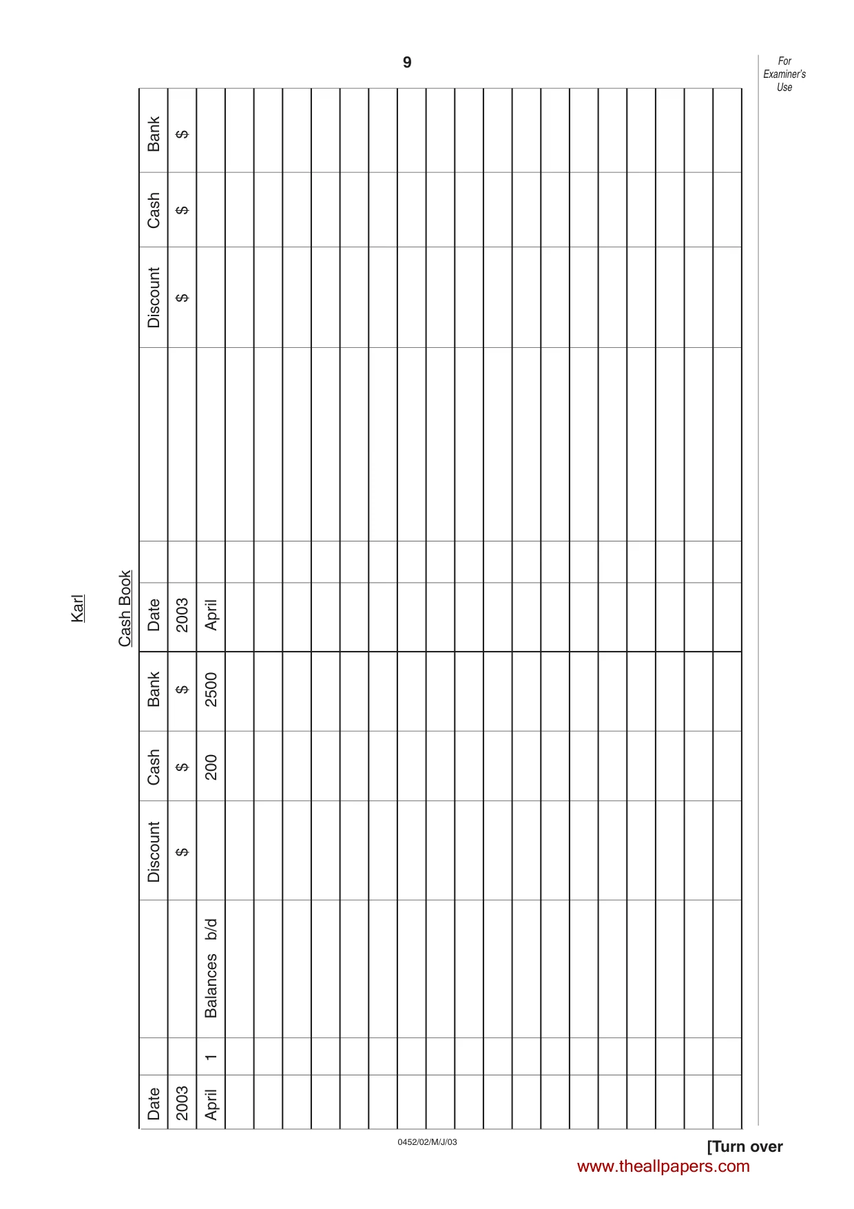Cambridge IGCSE Accounting 0452 2003 May/June Paper 2 · Variant 1 question paper, page 9 of 12