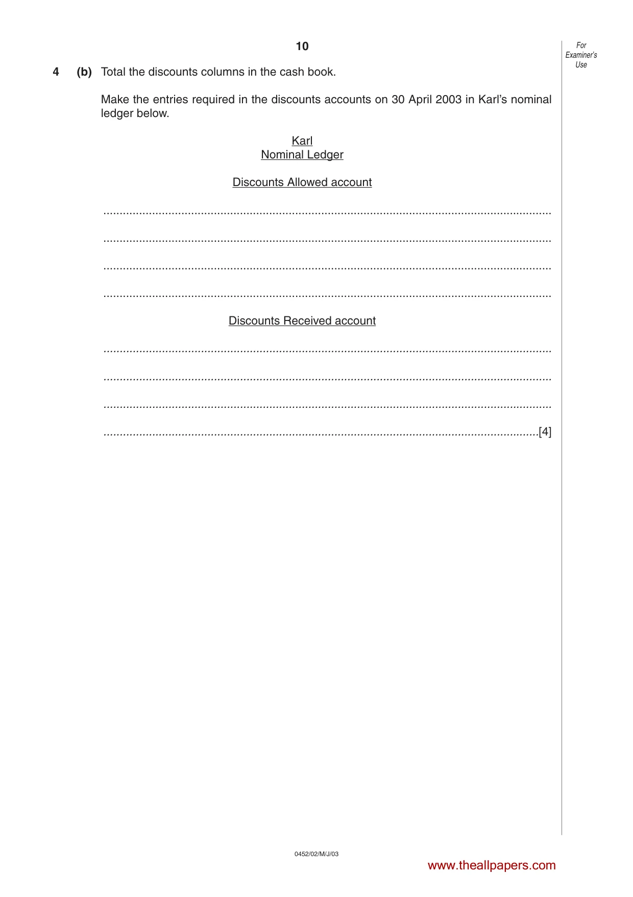 Cambridge IGCSE Accounting 0452 2003 May/June Paper 2 · Variant 1 question paper, page 10 of 12