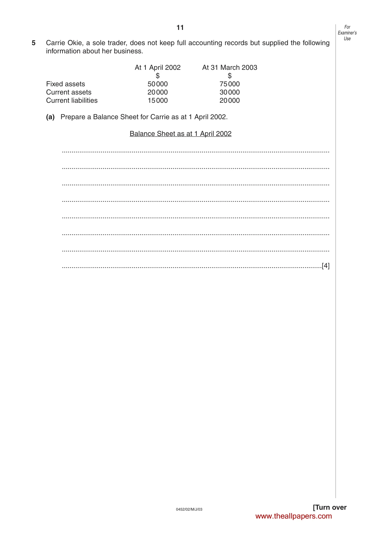 Cambridge IGCSE Accounting 0452 2003 May/June Paper 2 · Variant 1 question paper, page 11 of 12