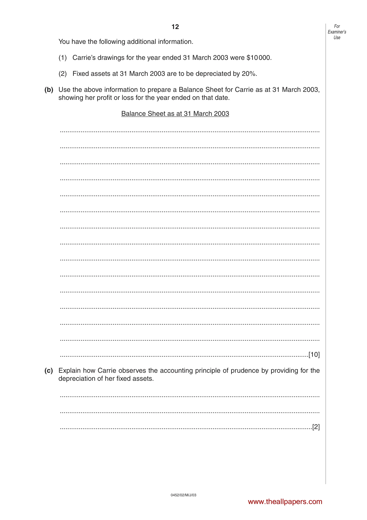 Cambridge IGCSE Accounting 0452 2003 May/June Paper 2 · Variant 1 question paper, page 12 of 12