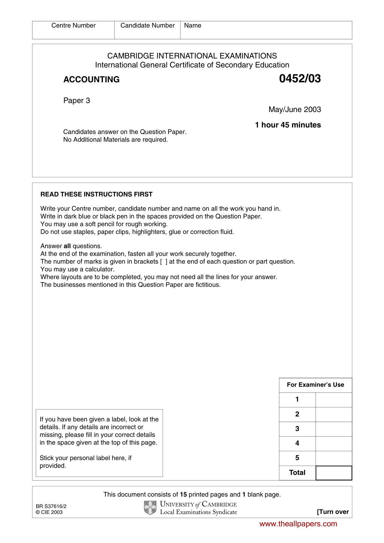 Cambridge IGCSE Accounting 0452 2003 May/June Paper 3 · Variant 1 question paper, page 1 of 16