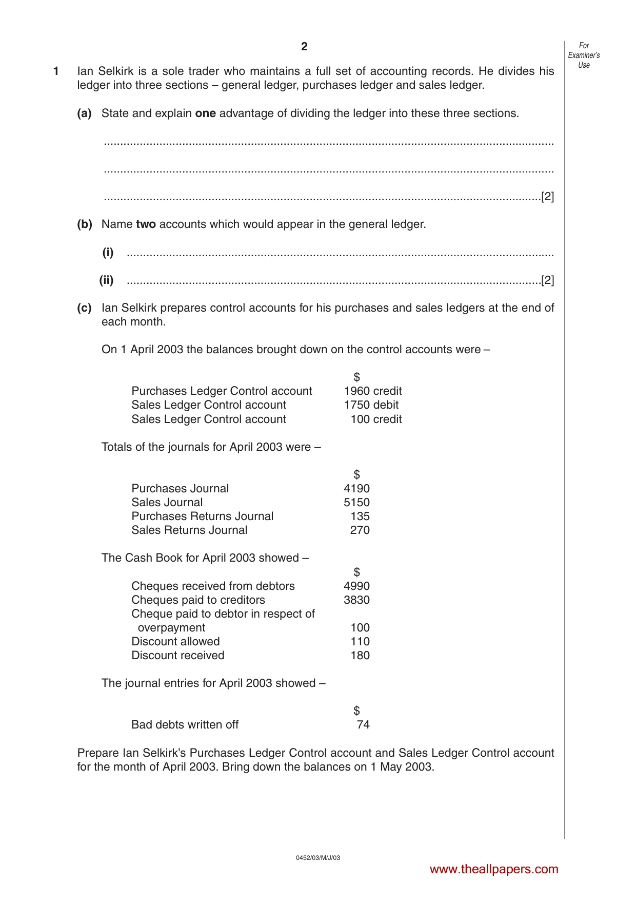 Cambridge IGCSE Accounting 0452 2003 May/June Paper 3 · Variant 1 question paper, page 2 of 16