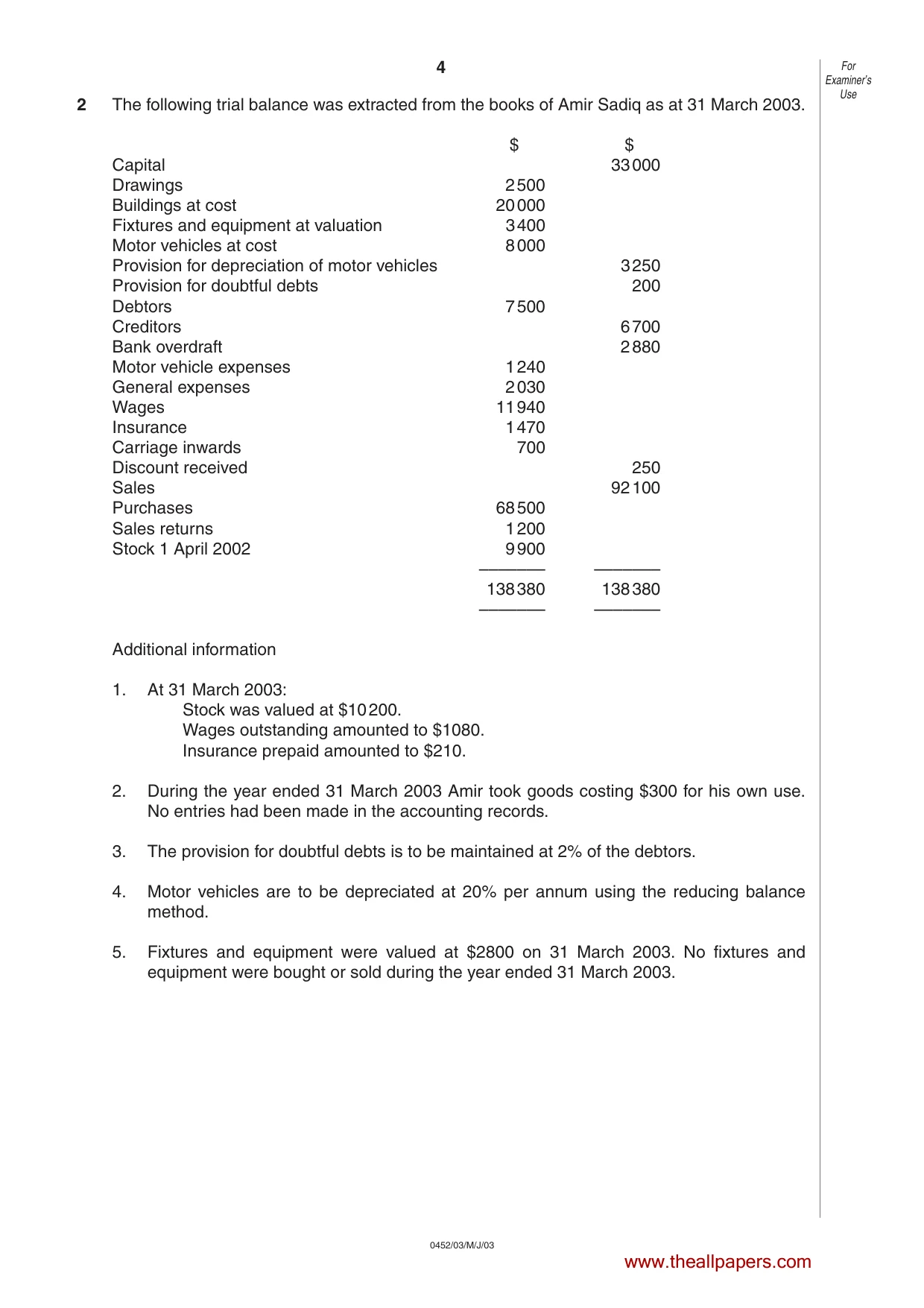 Cambridge IGCSE Accounting 0452 2003 May/June Paper 3 · Variant 1 question paper, page 4 of 16