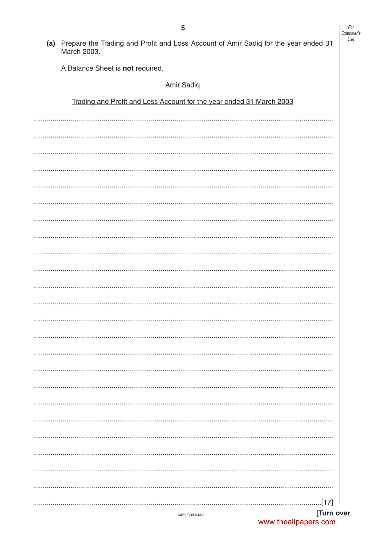 Cambridge IGCSE Accounting 0452 2003 May/June Paper 3 · Variant 1 question paper, page 5 of 16