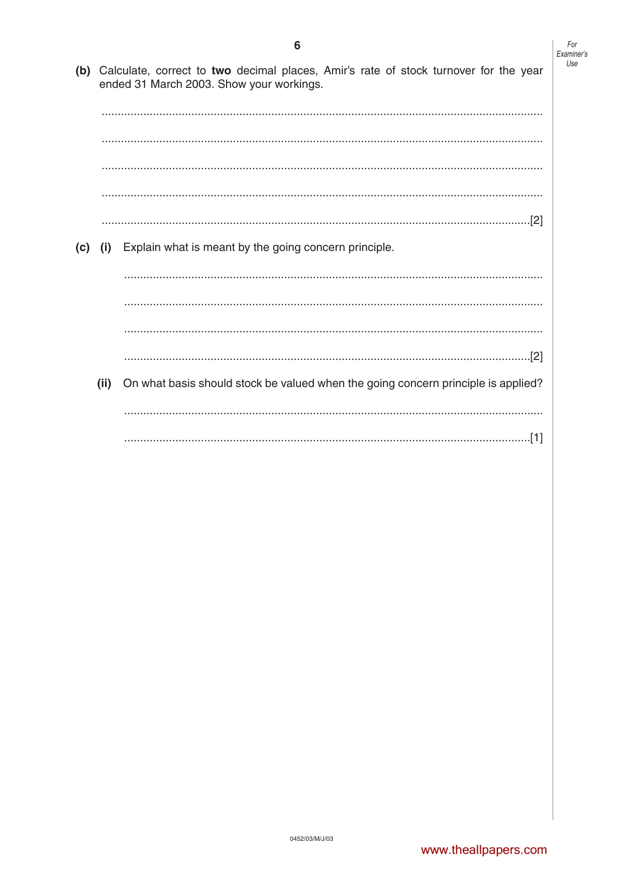 Cambridge IGCSE Accounting 0452 2003 May/June Paper 3 · Variant 1 question paper, page 6 of 16