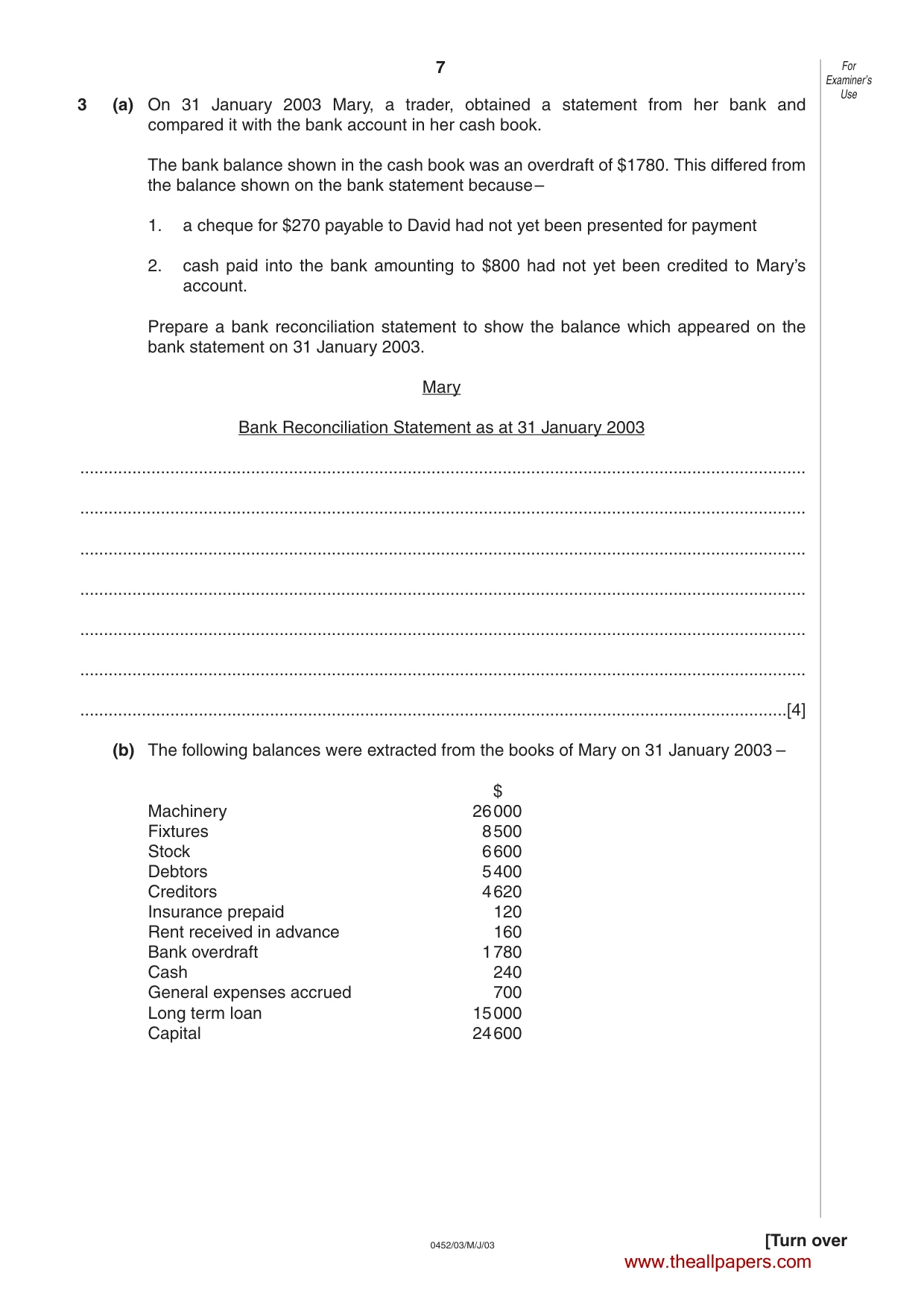 Cambridge IGCSE Accounting 0452 2003 May/June Paper 3 · Variant 1 question paper, page 7 of 16