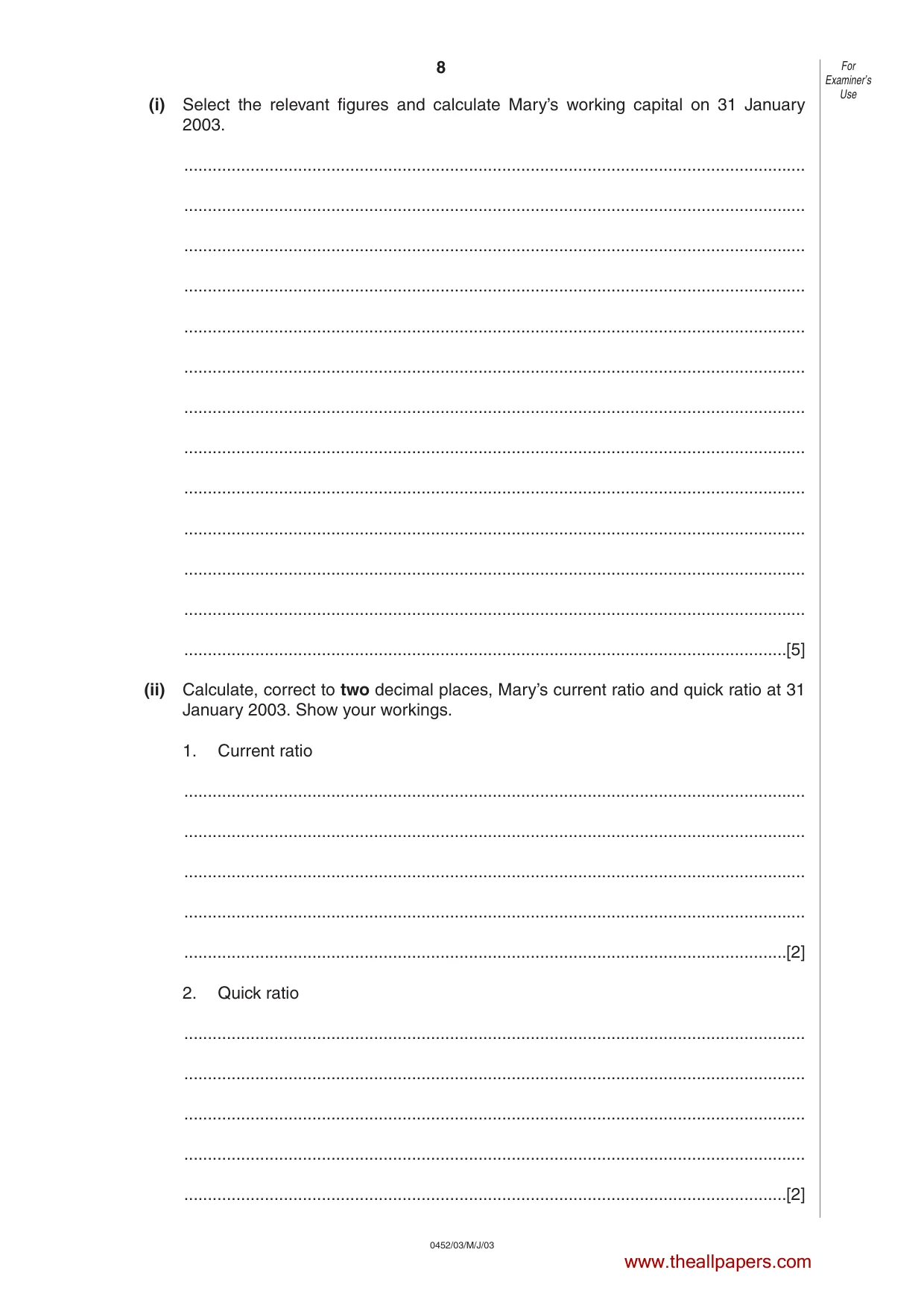 Cambridge IGCSE Accounting 0452 2003 May/June Paper 3 · Variant 1 question paper, page 8 of 16