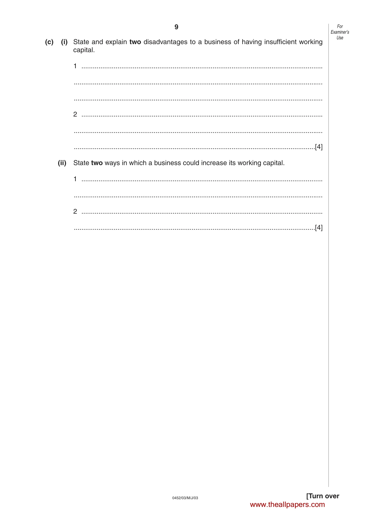 Cambridge IGCSE Accounting 0452 2003 May/June Paper 3 · Variant 1 question paper, page 9 of 16