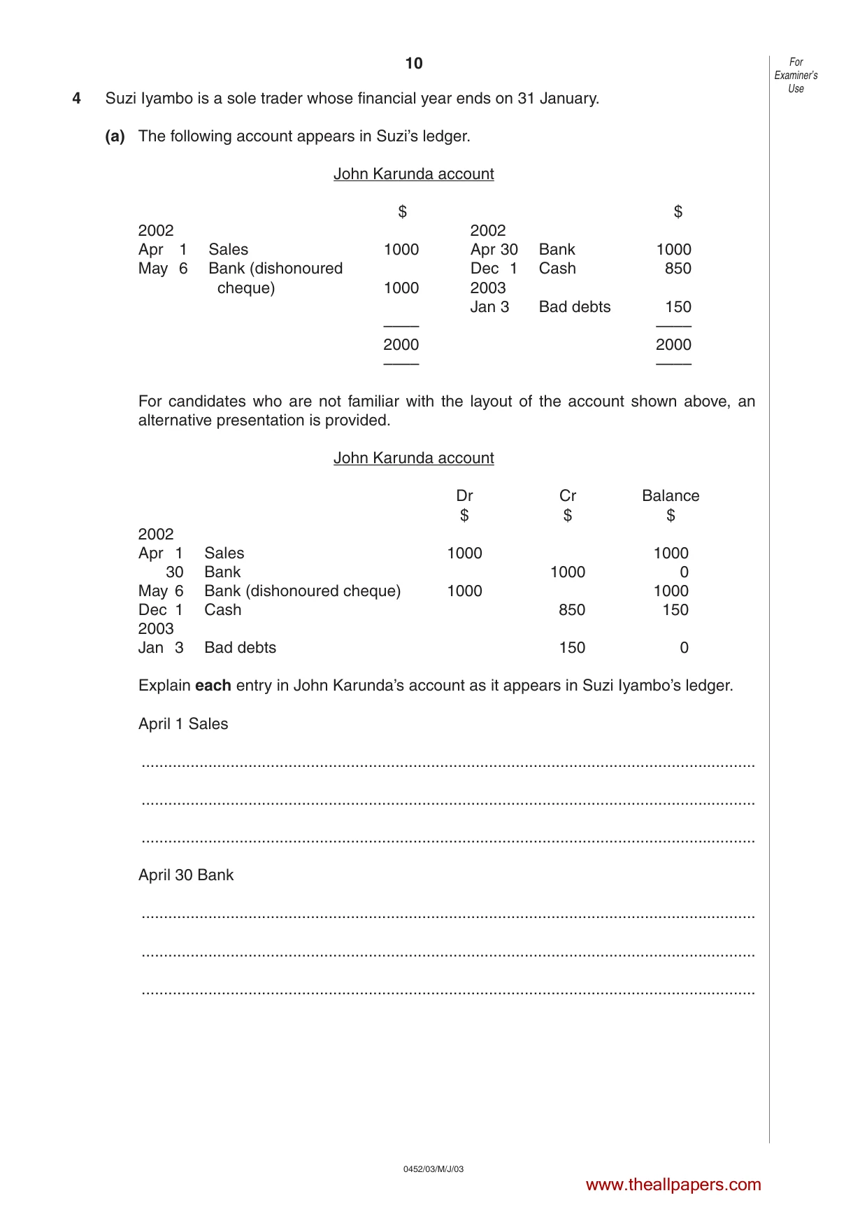 Cambridge IGCSE Accounting 0452 2003 May/June Paper 3 · Variant 1 question paper, page 10 of 16