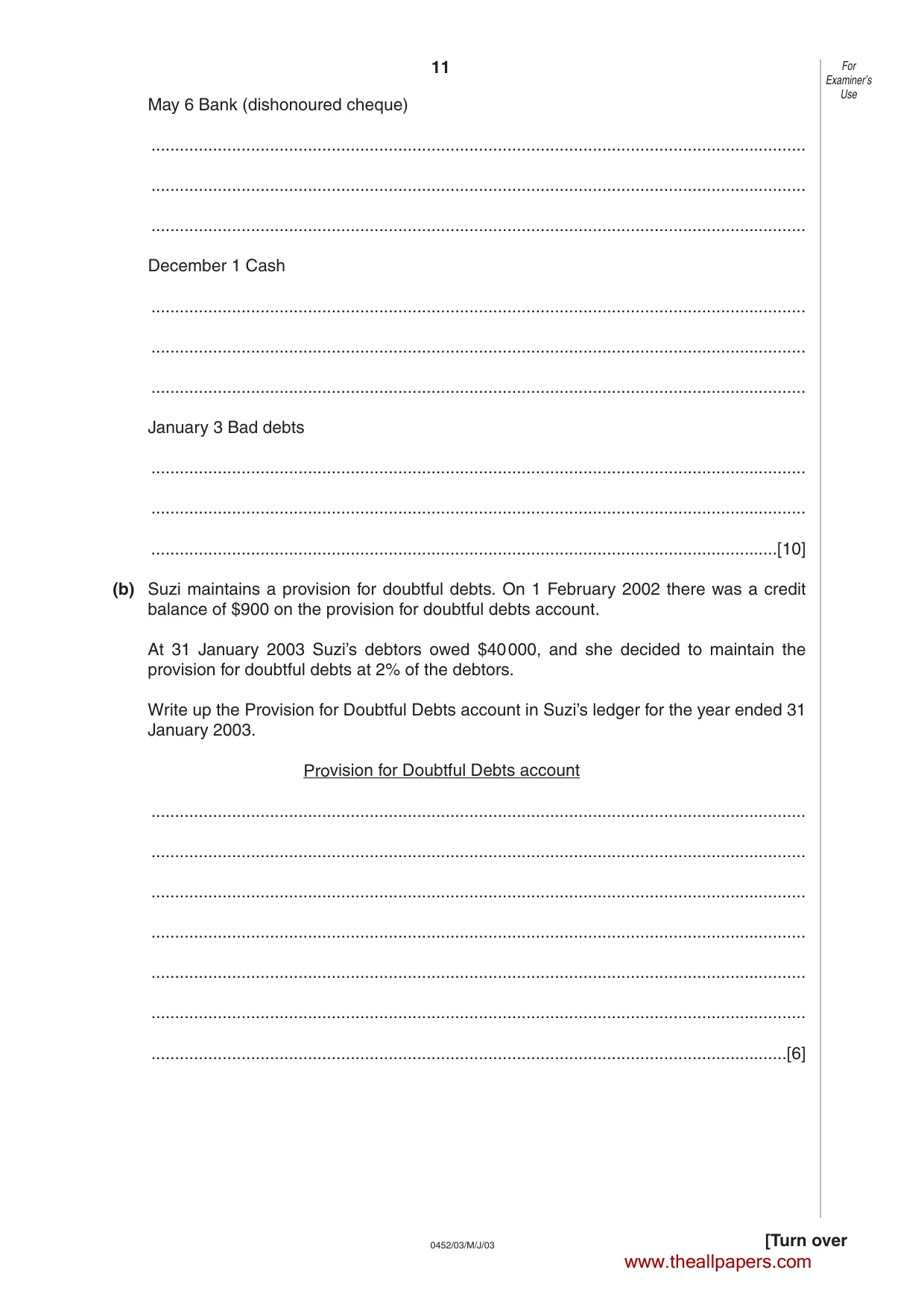 Cambridge IGCSE Accounting 0452 2003 May/June Paper 3 · Variant 1 question paper, page 11 of 16