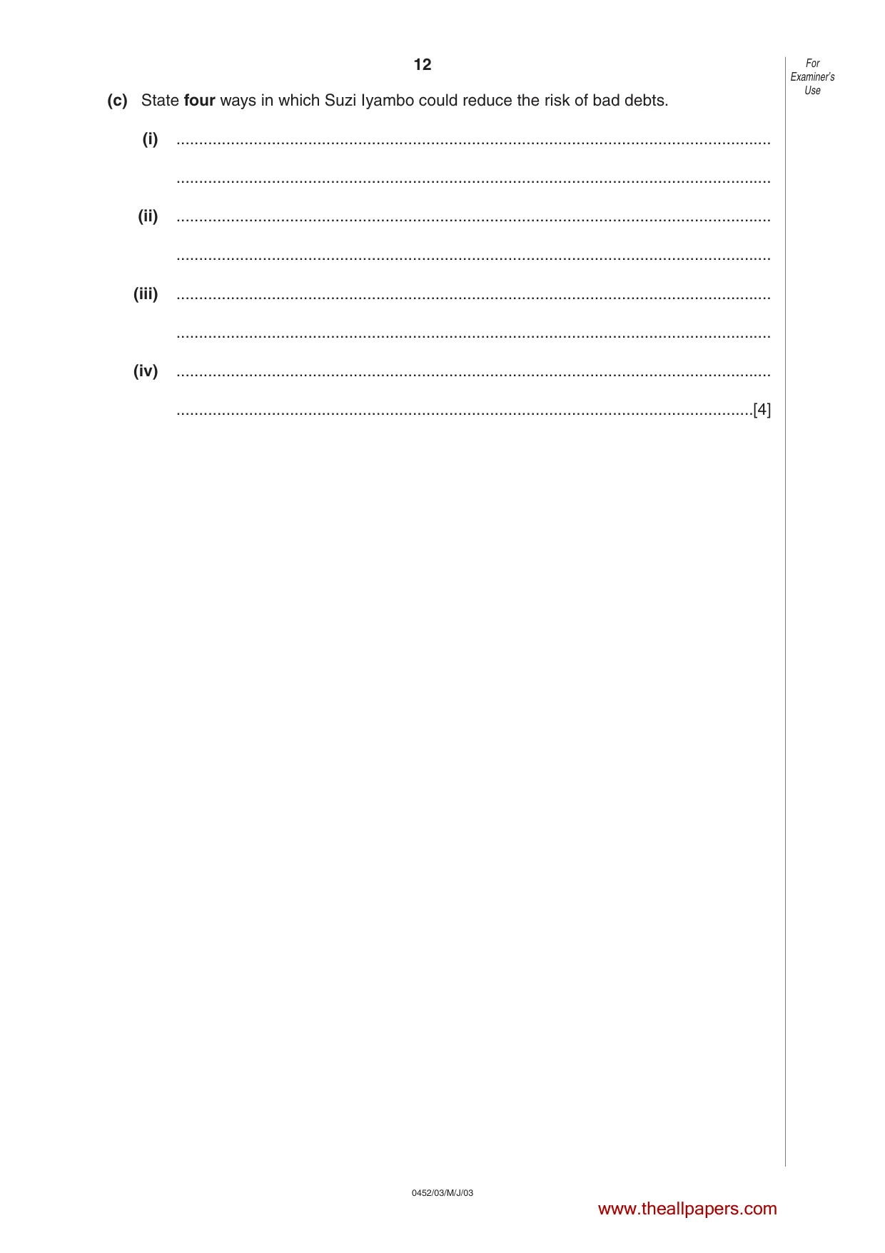 Cambridge IGCSE Accounting 0452 2003 May/June Paper 3 · Variant 1 question paper, page 12 of 16