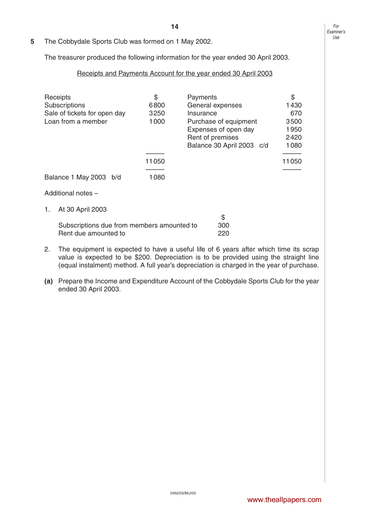 Cambridge IGCSE Accounting 0452 2003 May/June Paper 3 · Variant 1 question paper, page 14 of 16