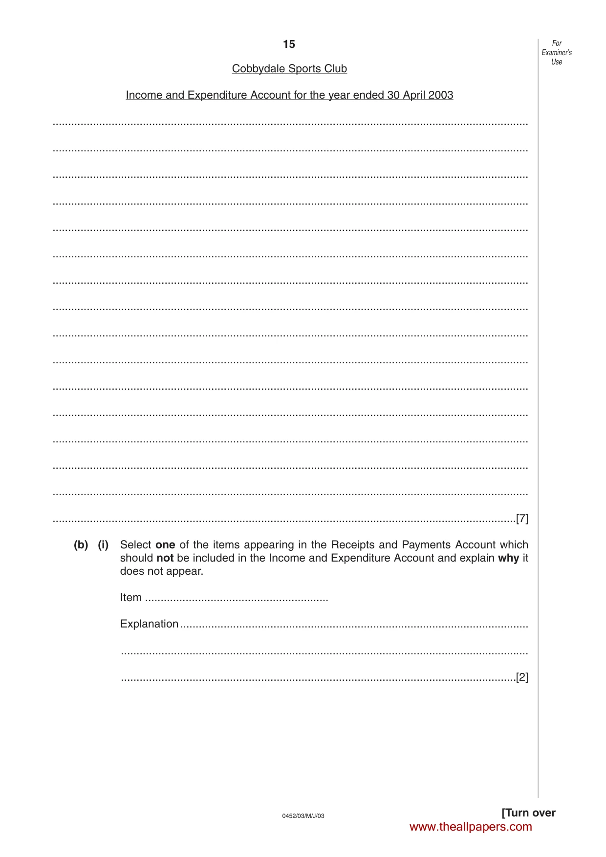 Cambridge IGCSE Accounting 0452 2003 May/June Paper 3 · Variant 1 question paper, page 15 of 16