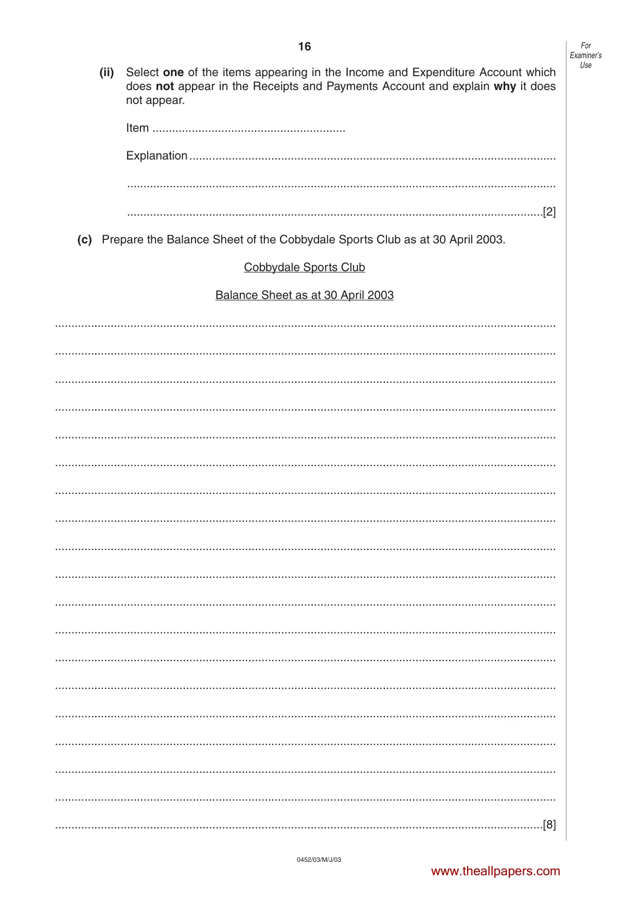 Cambridge IGCSE Accounting 0452 2003 May/June Paper 3 · Variant 1 question paper, page 16 of 16