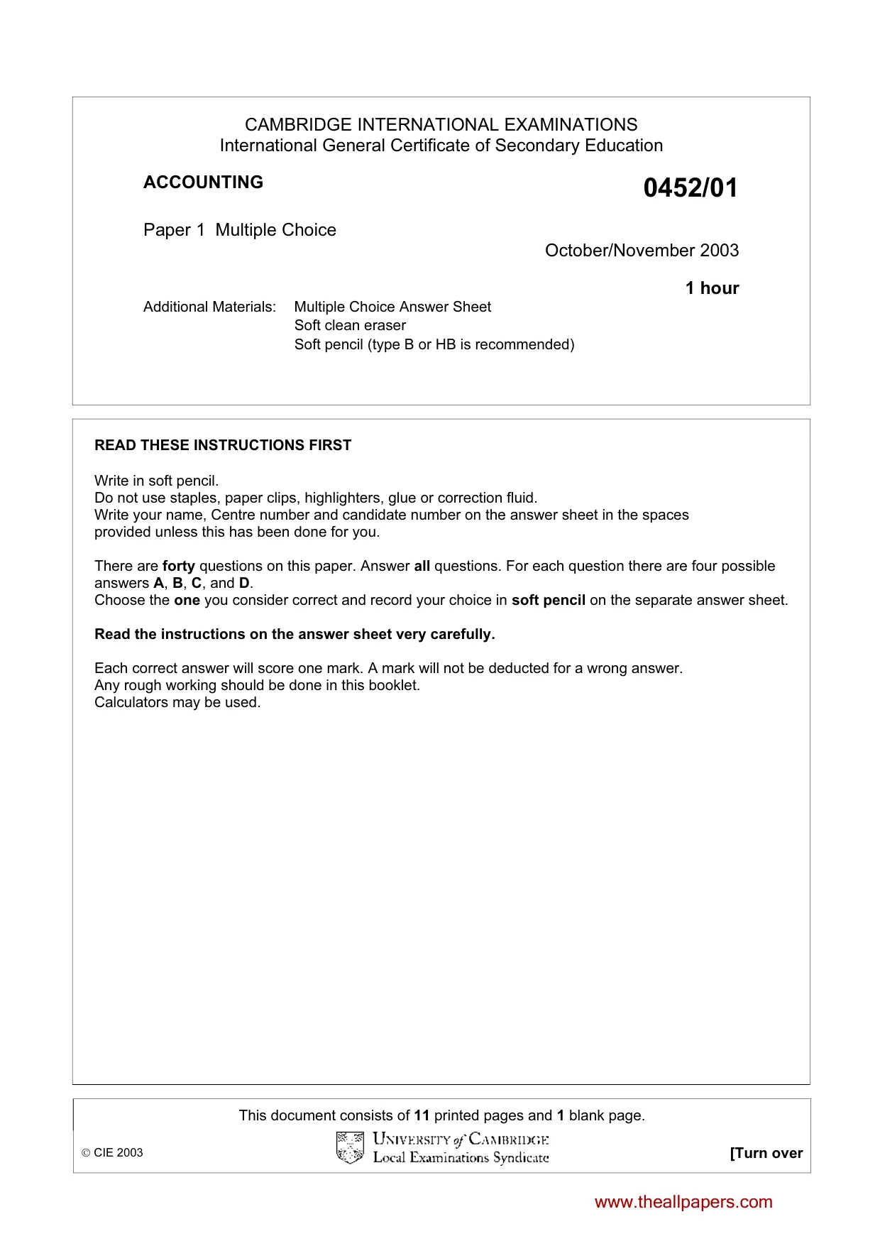 Cambridge IGCSE Accounting 0452 2003 Oct/Nov Paper 1 · Variant 1 question paper, page 1 of 12
