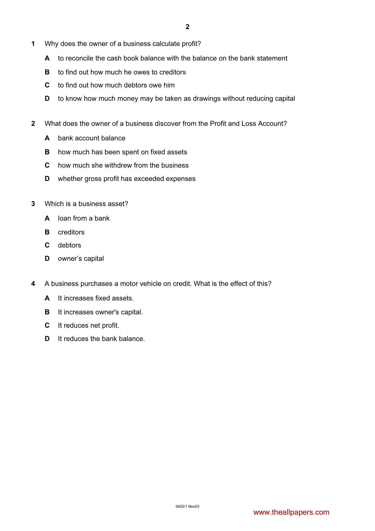 Cambridge IGCSE Accounting 0452 2003 Oct/Nov Paper 1 · Variant 1 question paper, page 2 of 12